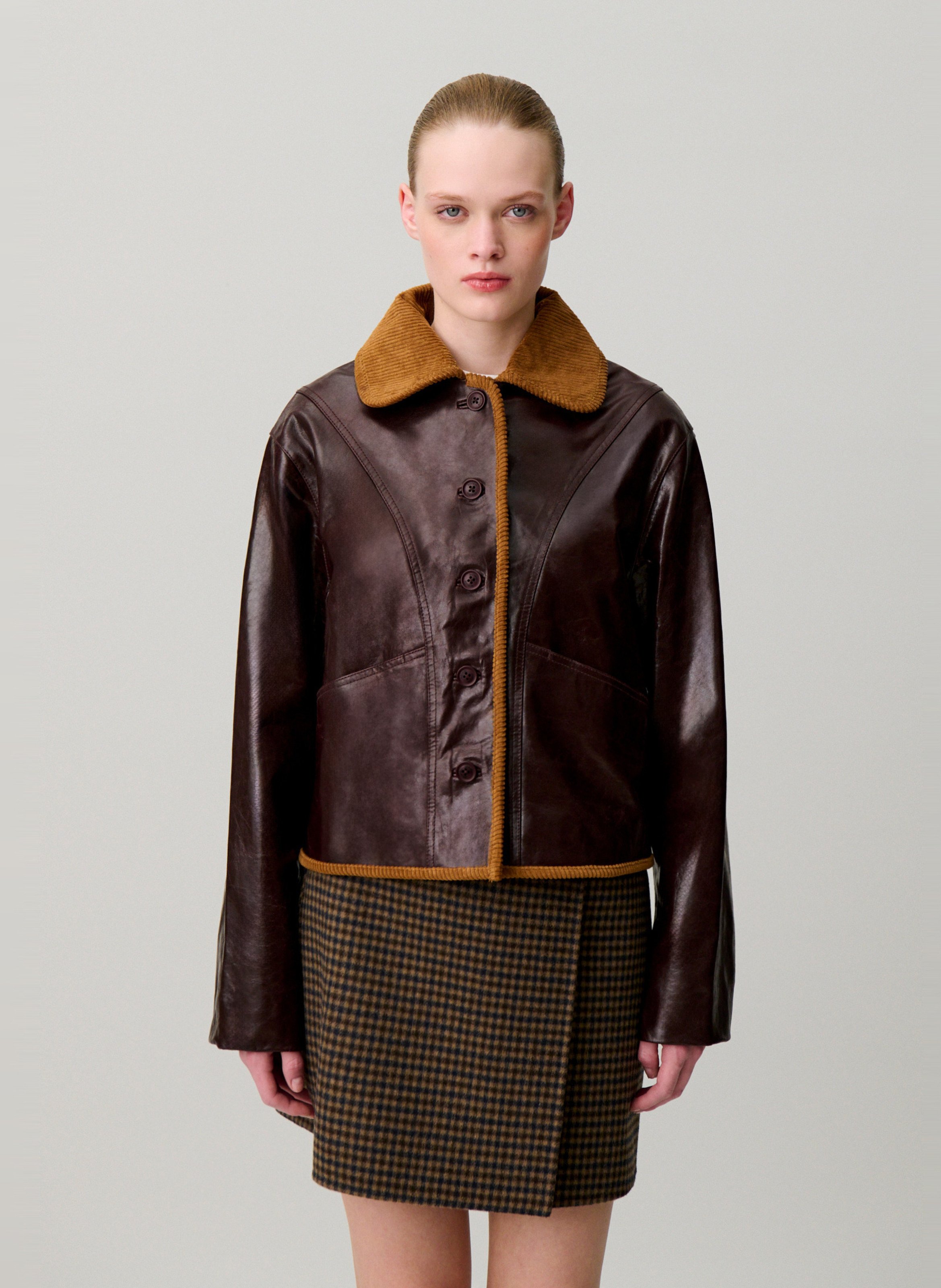Blouson droit boutonné en cuir CLAUDIE PIERLOT Rouge