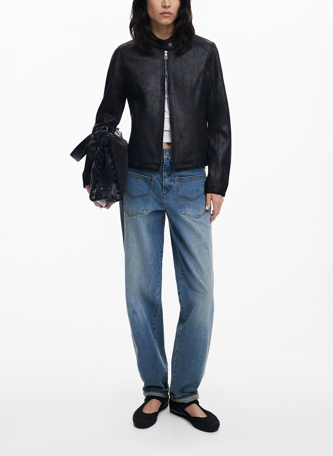 Round neck faux leather jacket DESIGUAL Black