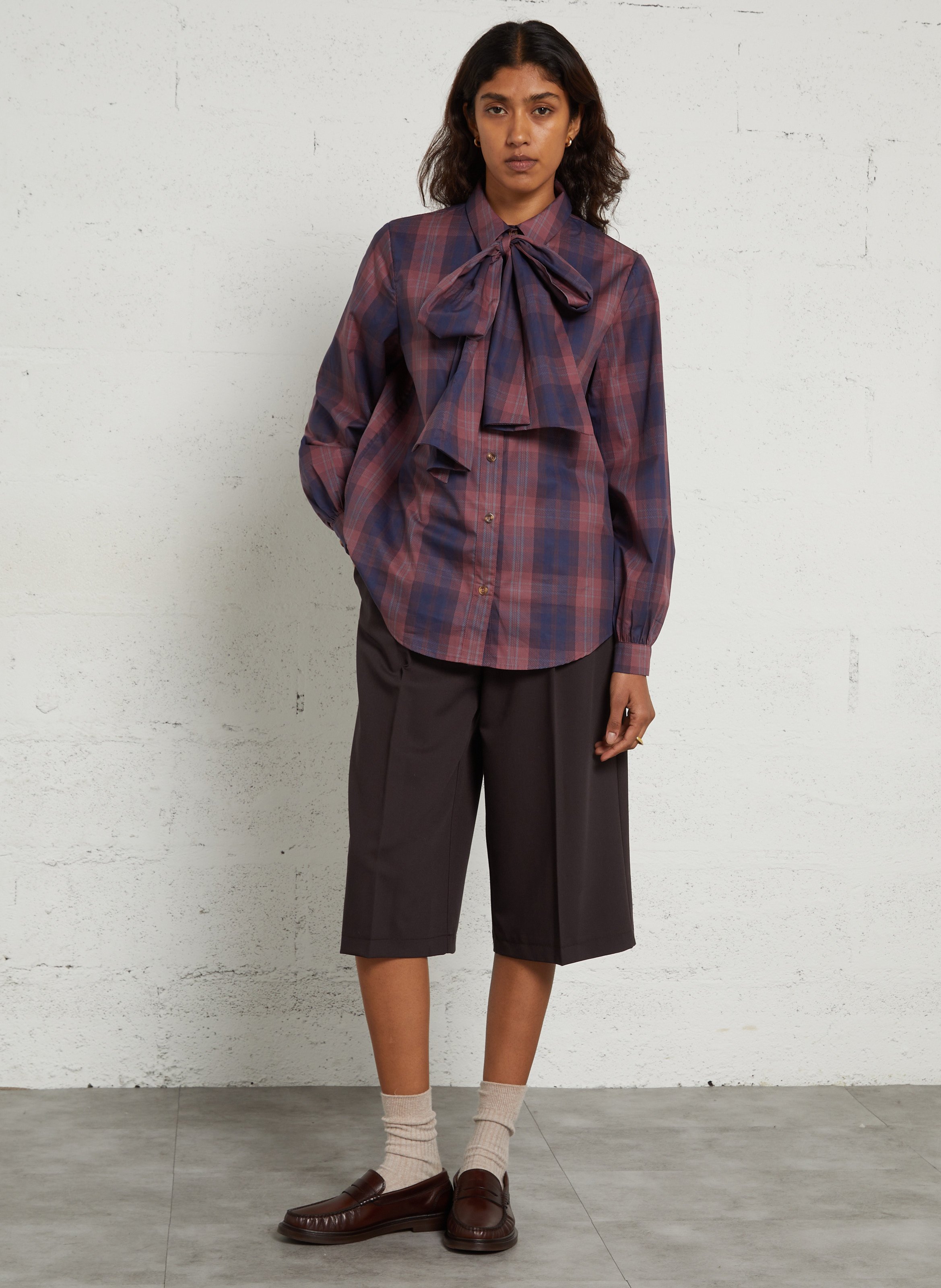 Loose-Fitting Checked Lavallière-Collar Shirt NEVER FULLY DRESSED Purple
