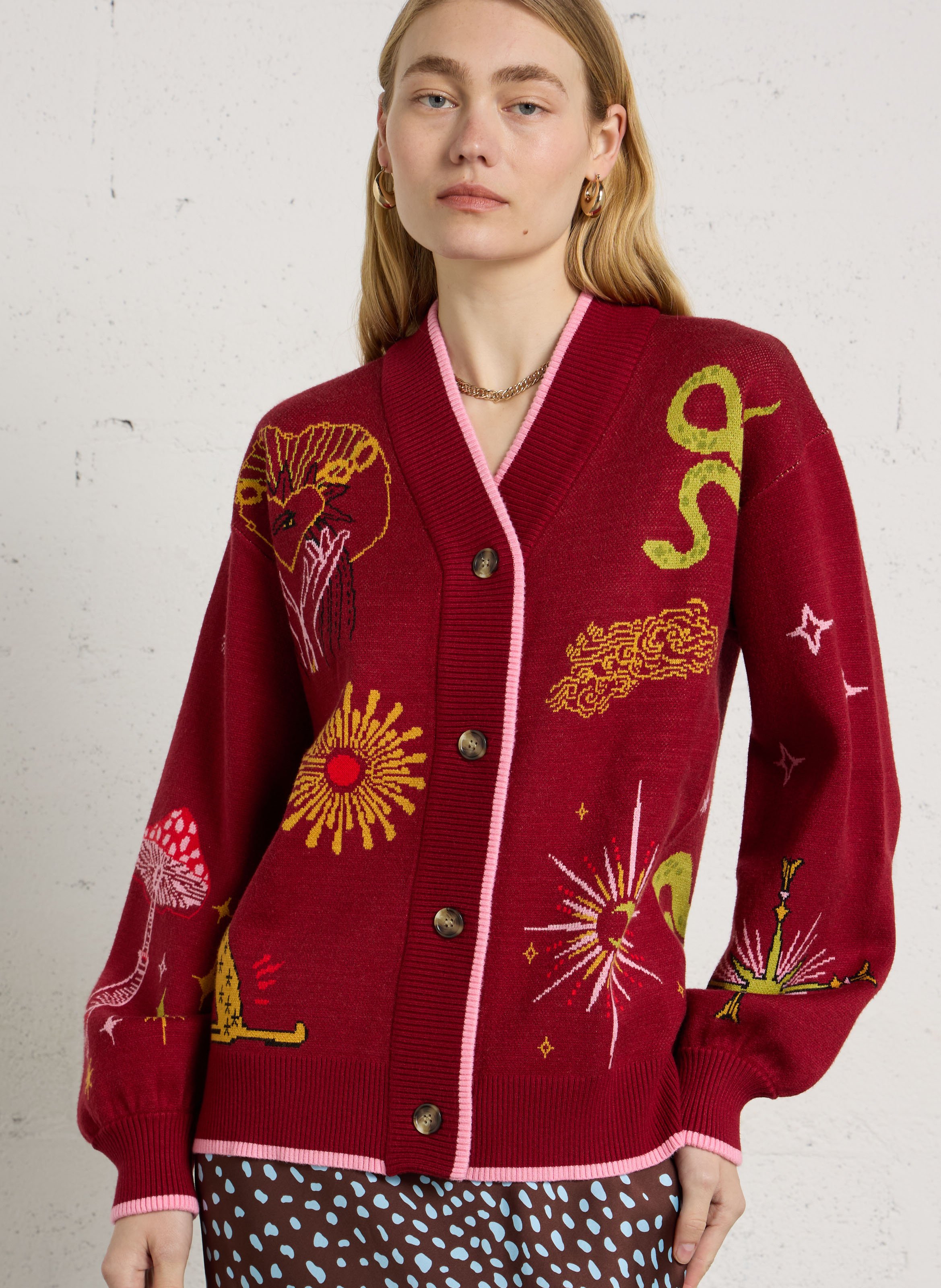 Straight-fit V-neck cardigan in a jacquard pattern NEVER FULLY DRESSED Red