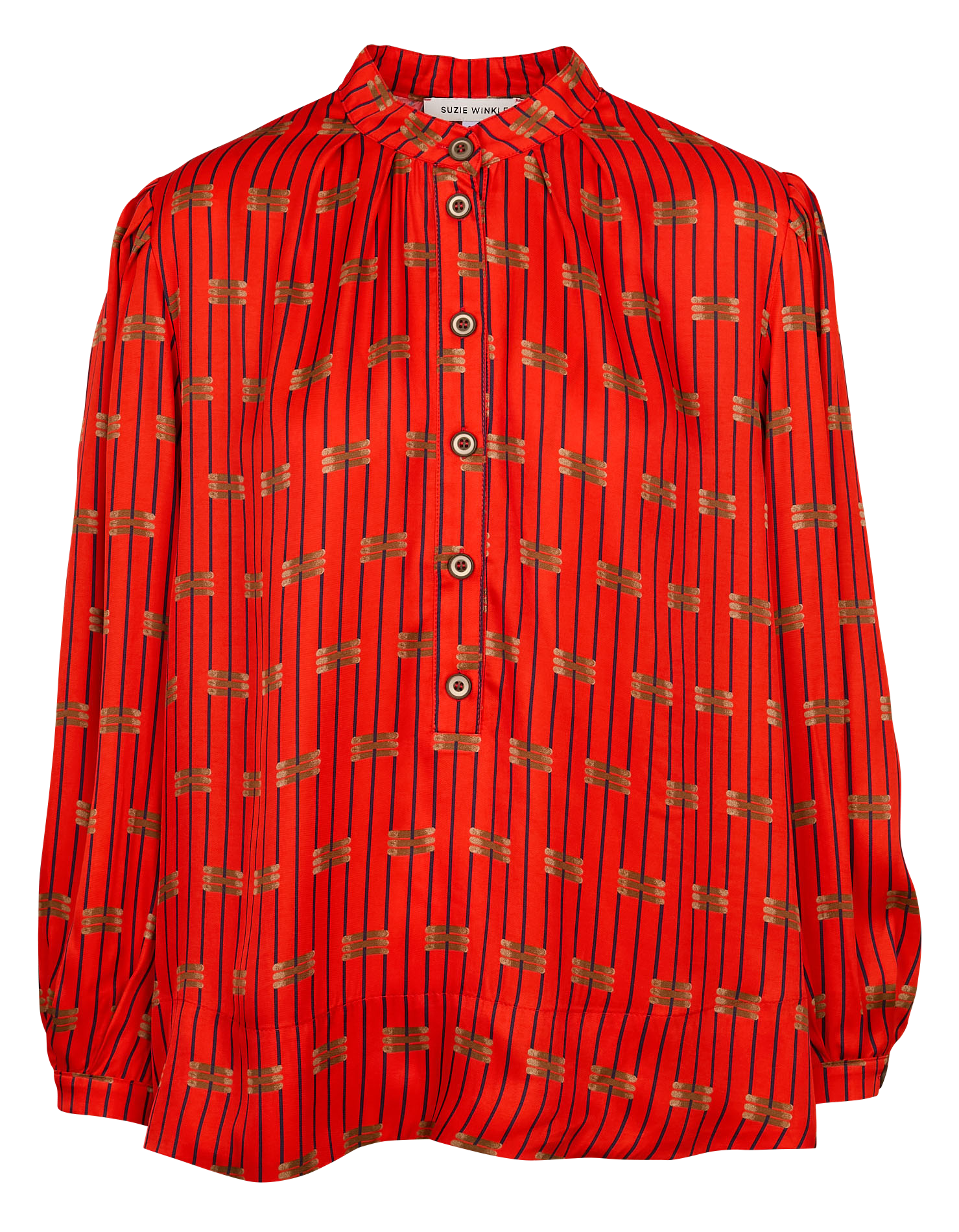 - Ronde hals
- Ruime pasvorm
- Lange mouwen
- Manchetten met knopen
- Knoopsluiting aan de voorkant
- Soepelvallende stof
- Print SUZIE WINKLE Rood