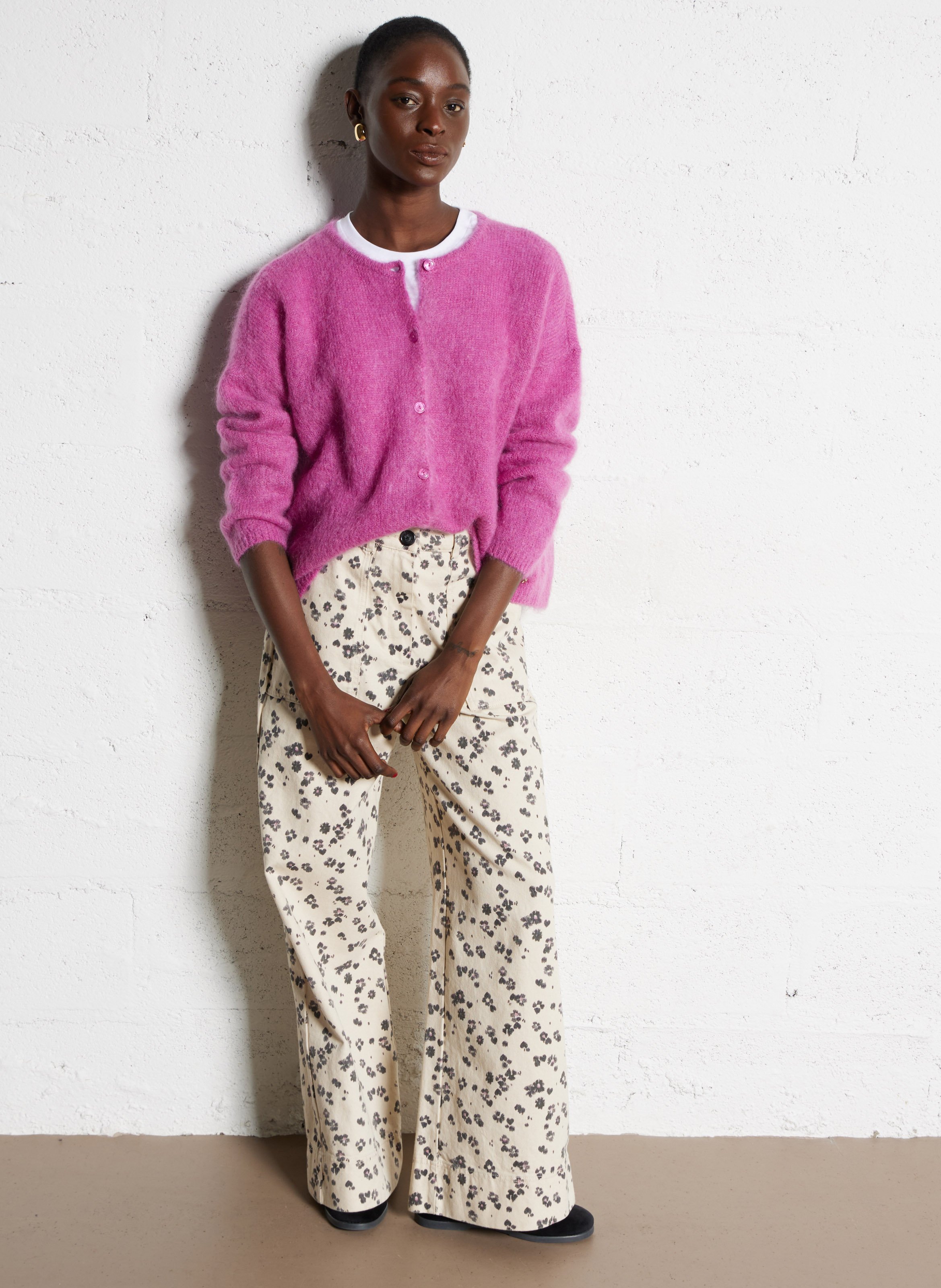 Round-neck mixed-knit cardigan DES PETITS HAUTS Pink