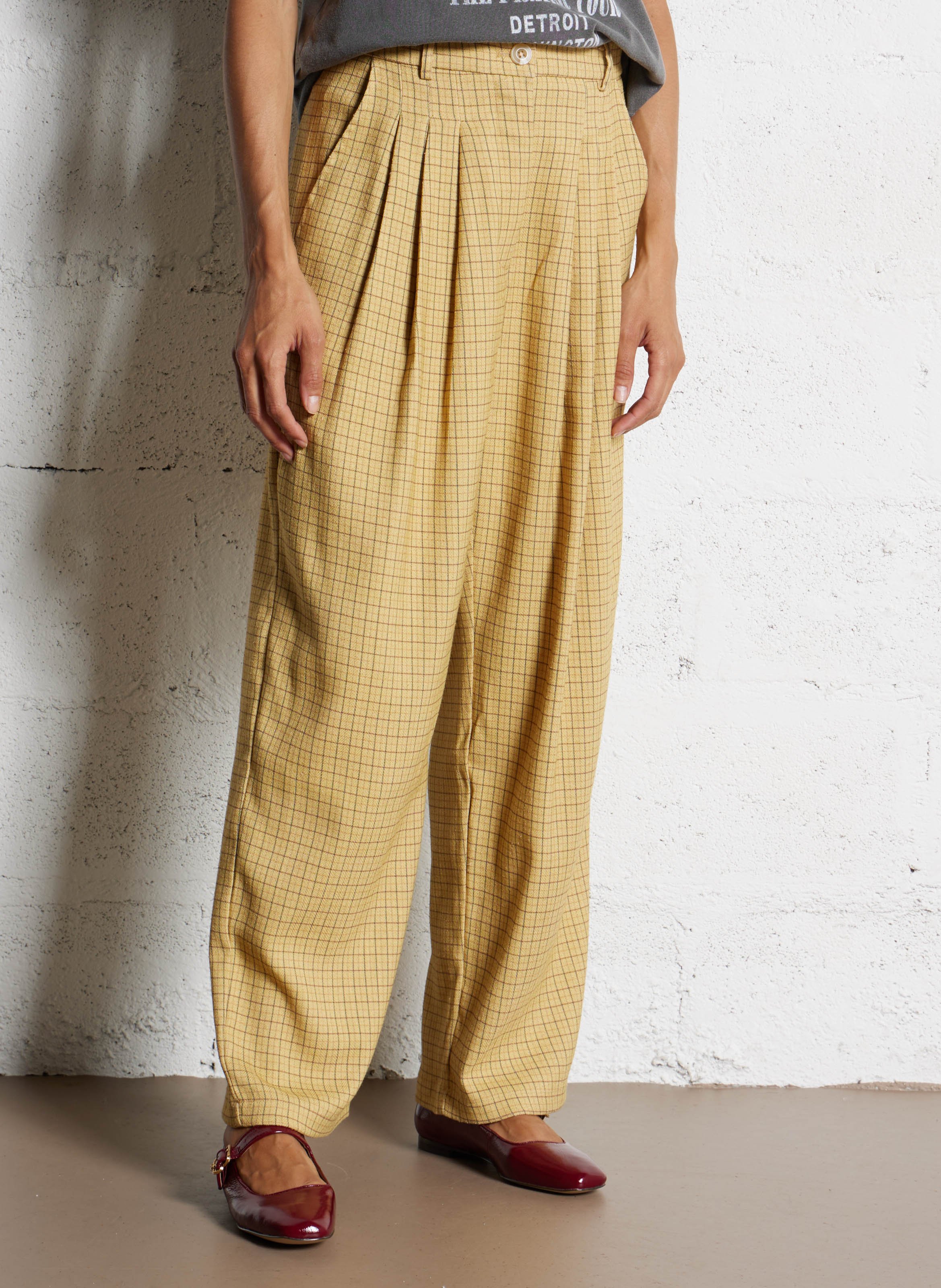 Pantalon large taille haute à carreaux MES DEMOISELLES Jaune