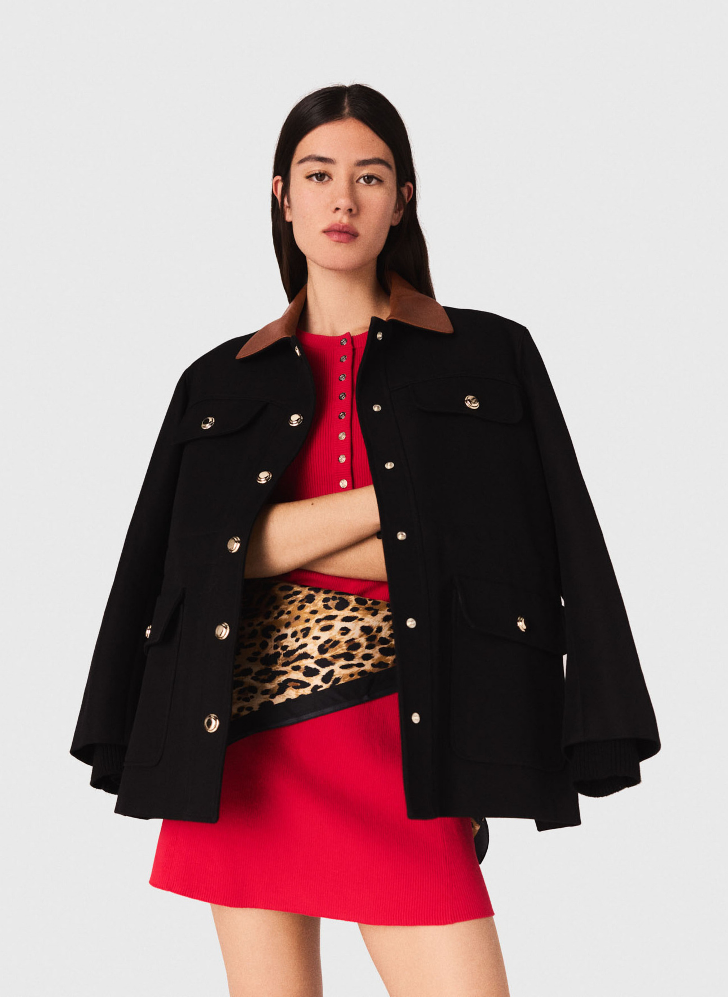 Parka col classique en cuir MAJE Noir