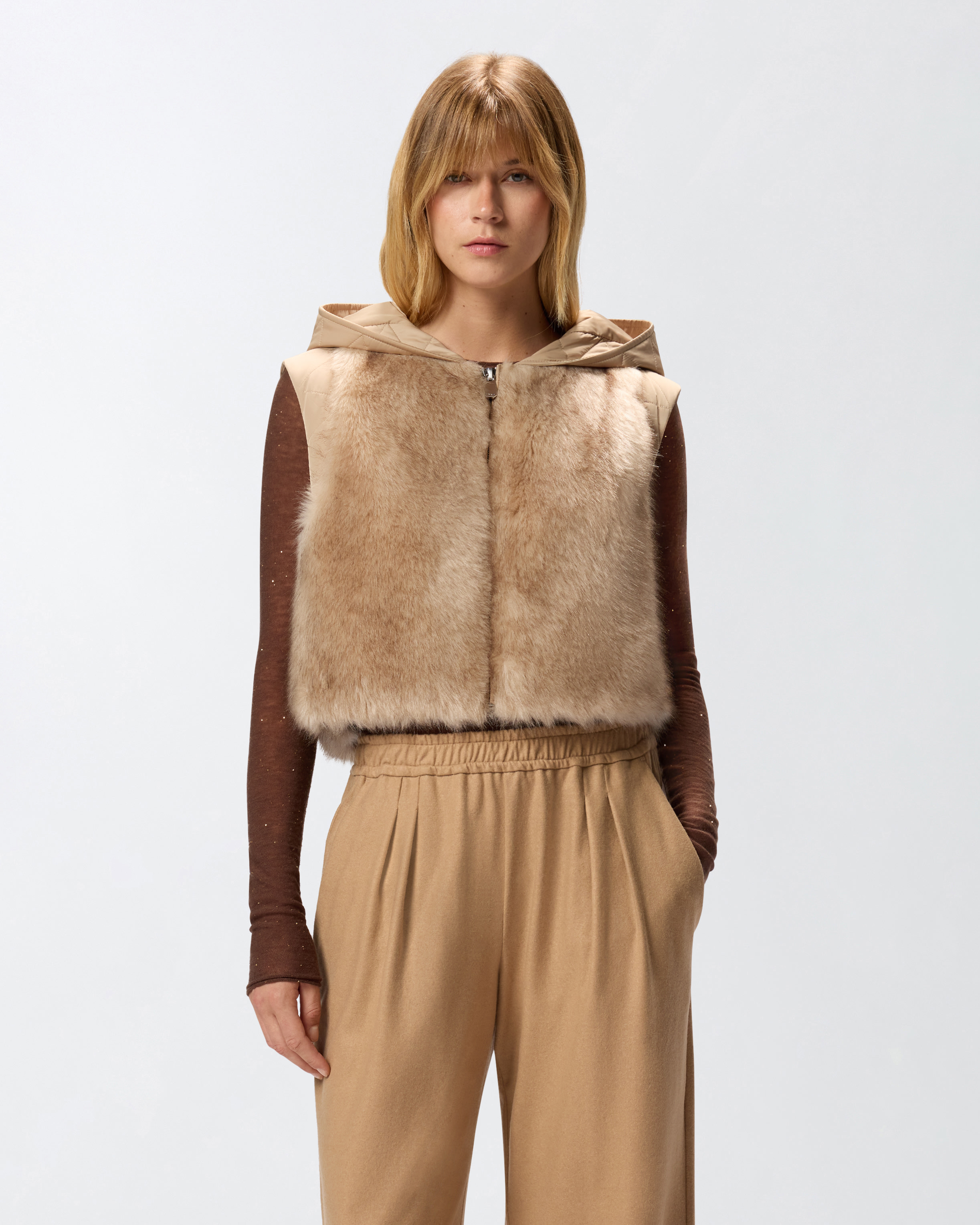 Padded faux fur hooded vest PINKO Beige