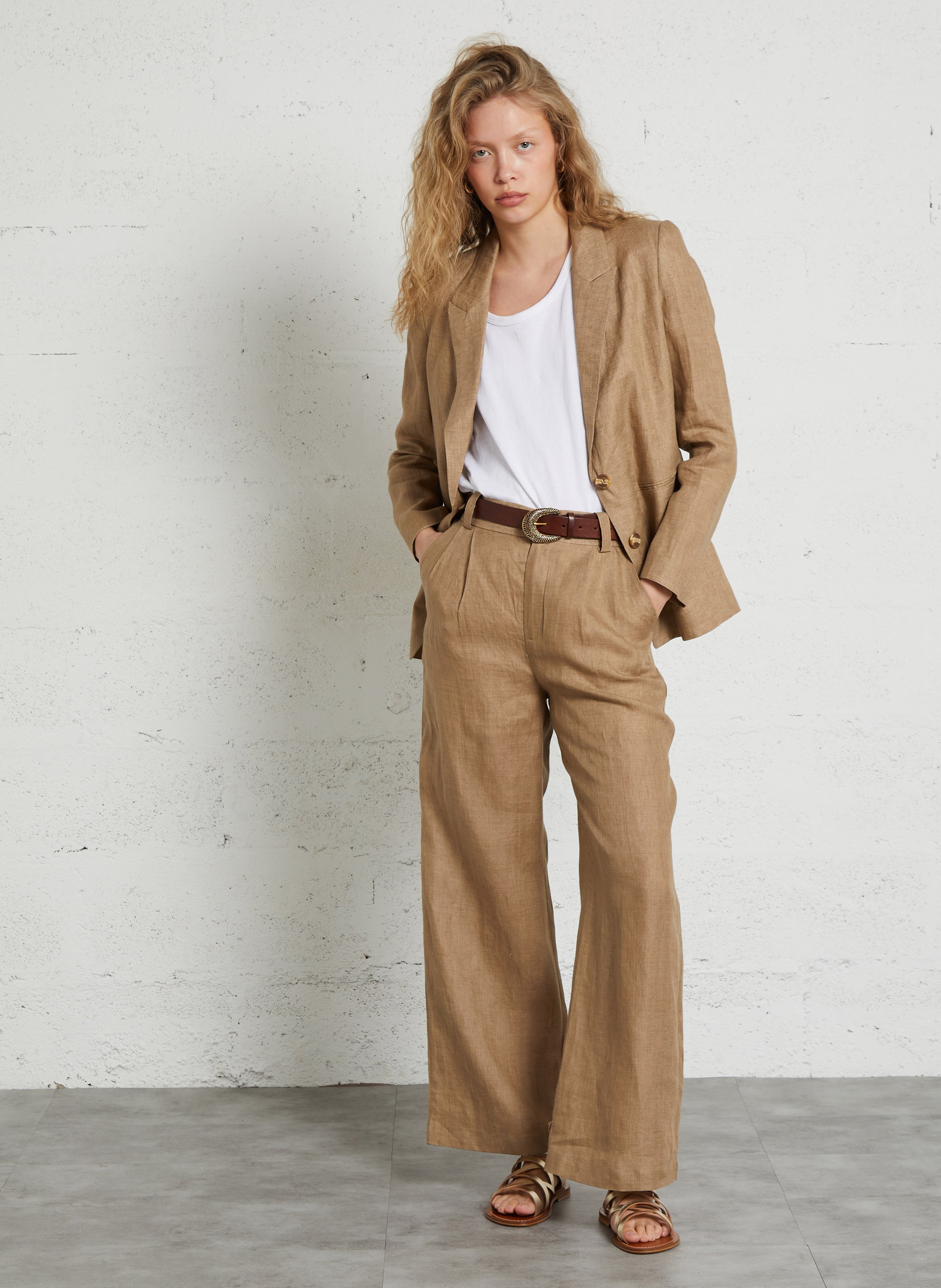 Linen straight cut jacket with tailored collar SEE U SOON Beige