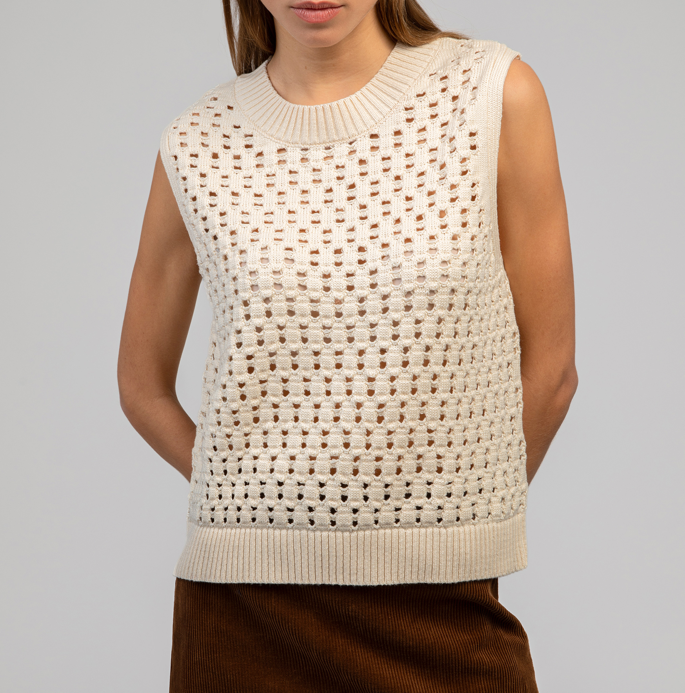 Round neck sleeveless openwork sweater AN'GE Beige