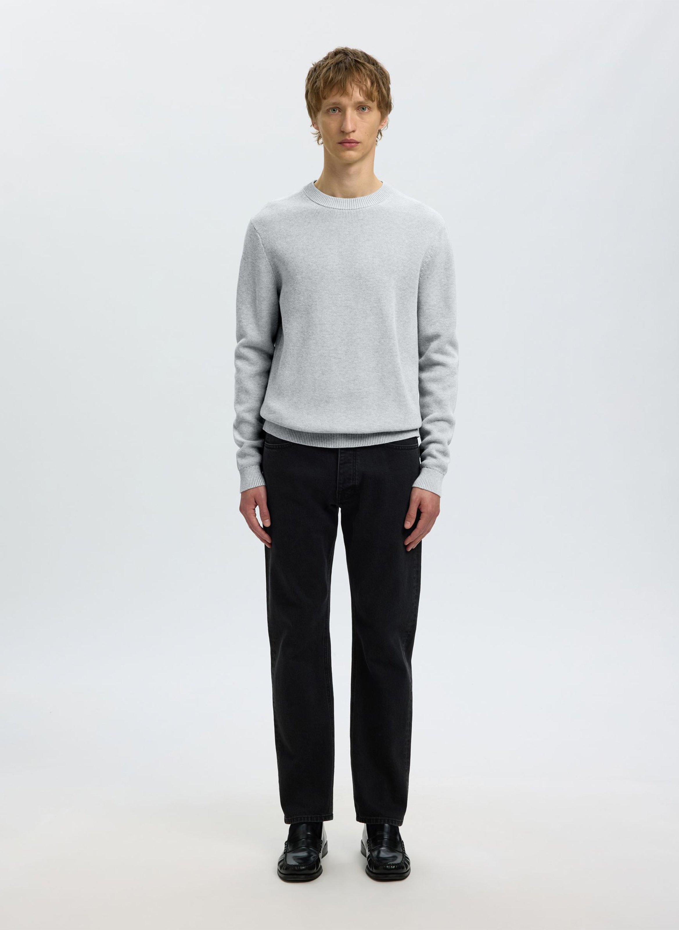 Pull col rond en coton bio  | Gris SELECTED Homme