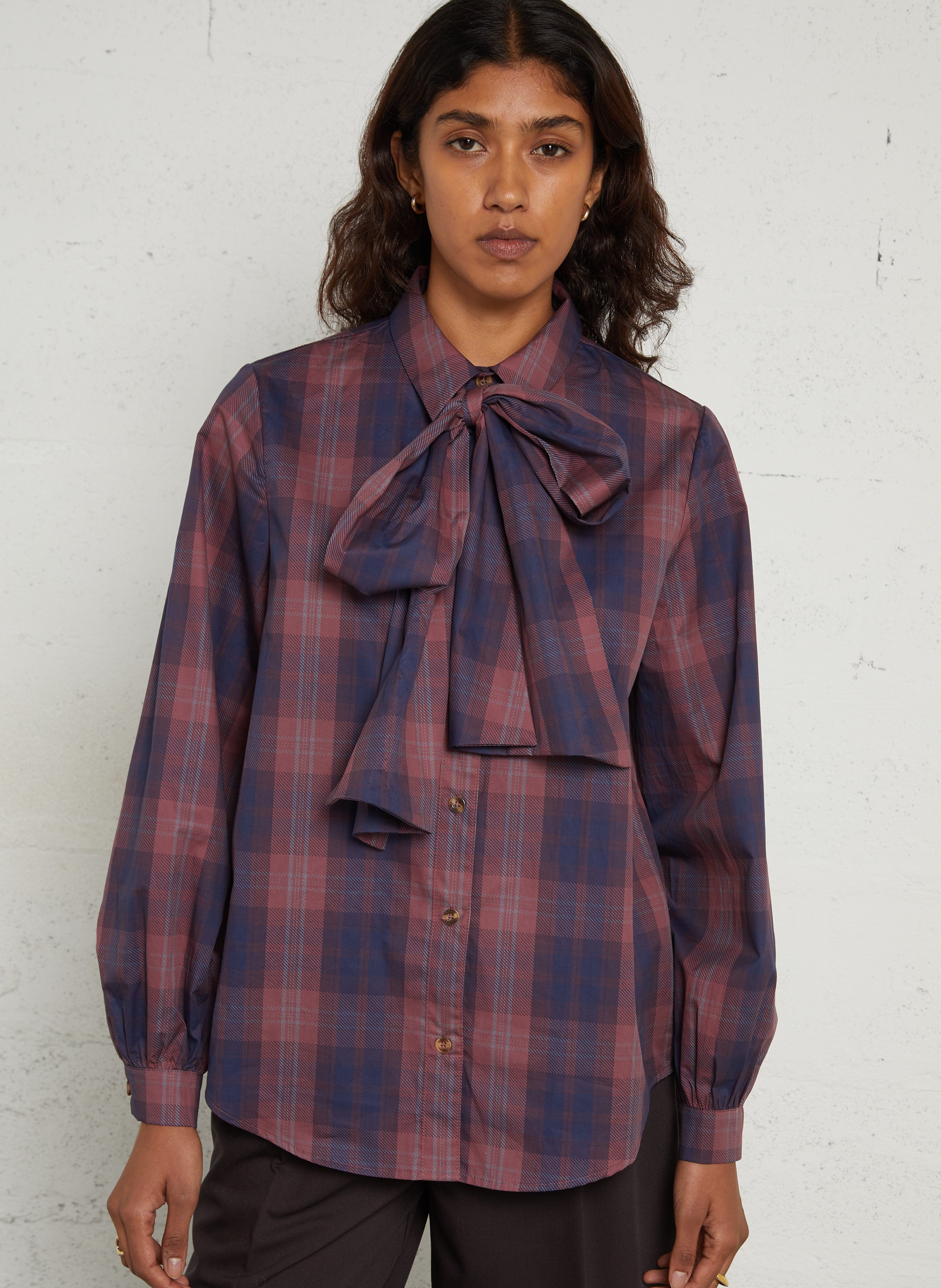 Loose-Fitting Checked Lavallière-Collar Shirt NEVER FULLY DRESSED Purple