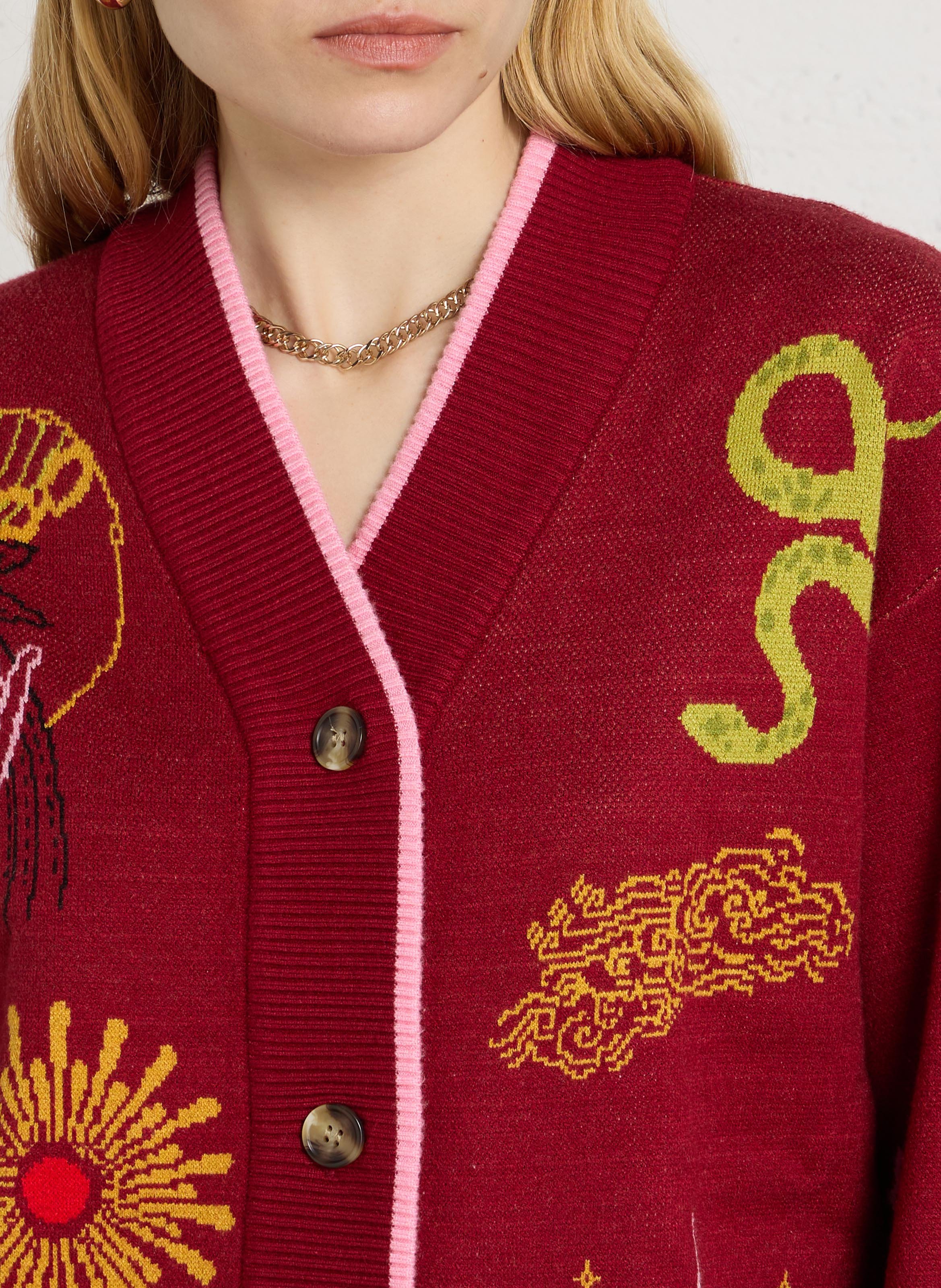 Straight-fit V-neck cardigan in a jacquard pattern NEVER FULLY DRESSED Red