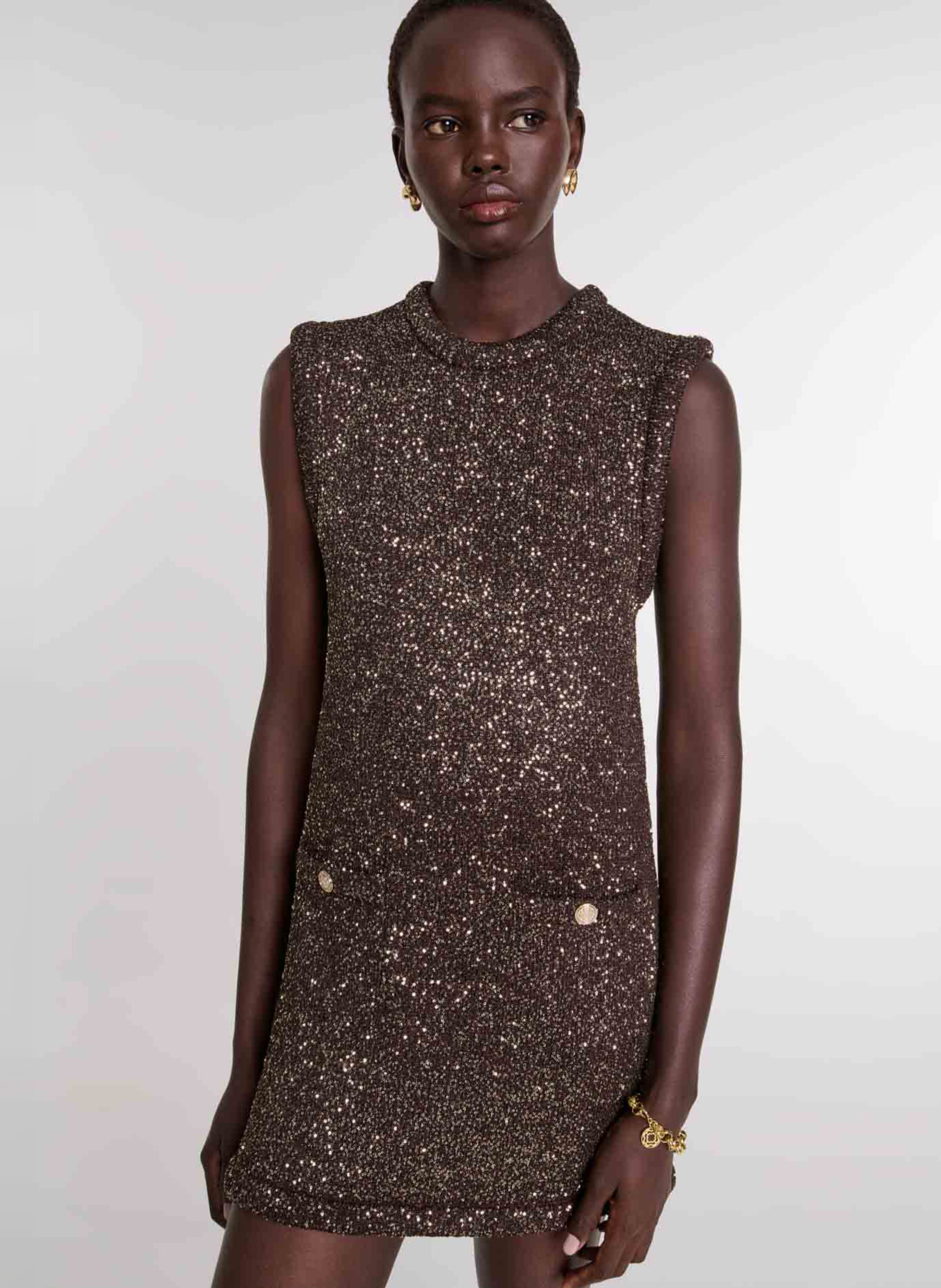 Brown Sequined midi dress with round neck