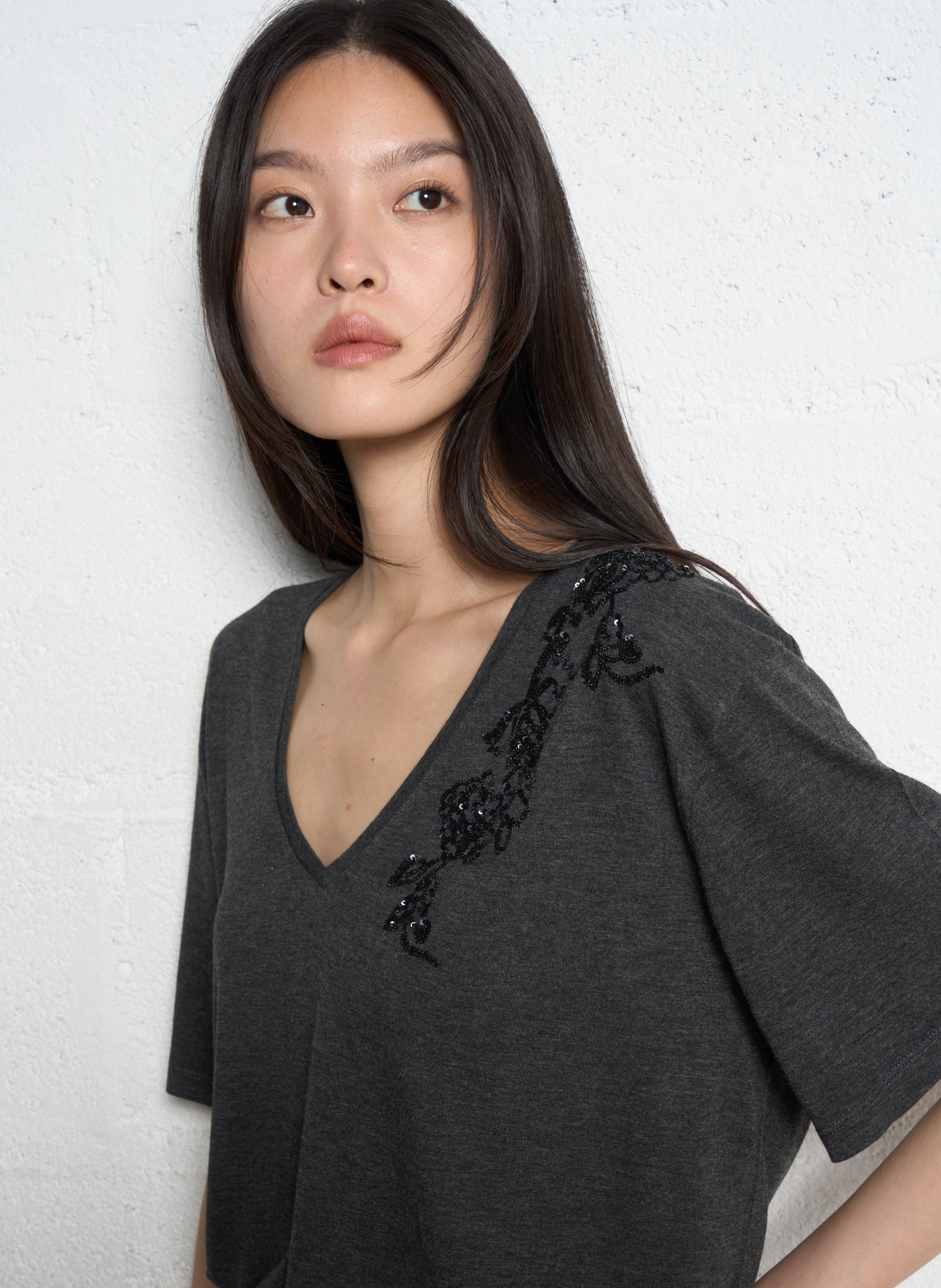 Top aus Crêpe mit V-Ausschnitt IKKS Grau