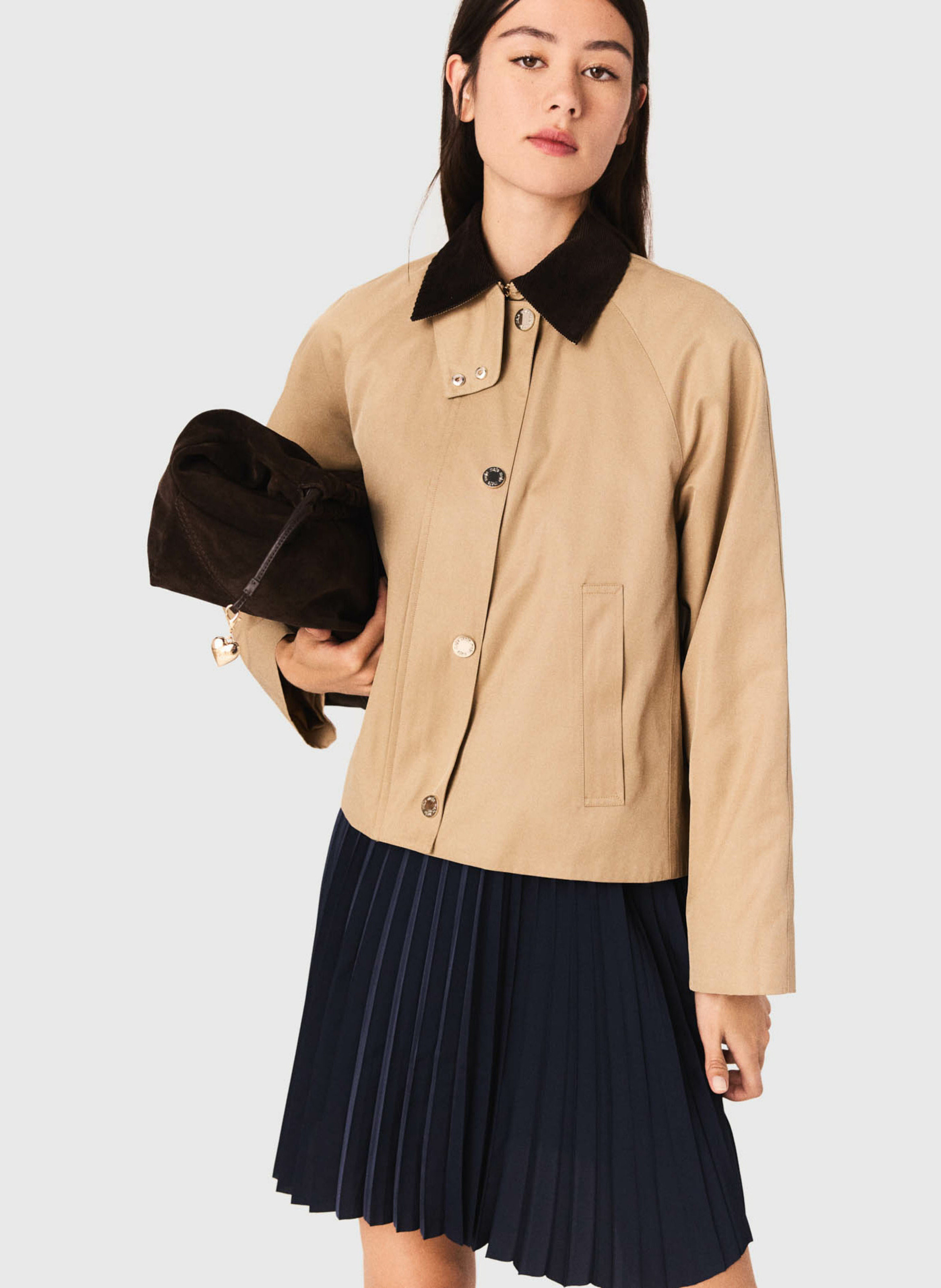 Veste trapèze unie à col velours côtelé MAJE Marron