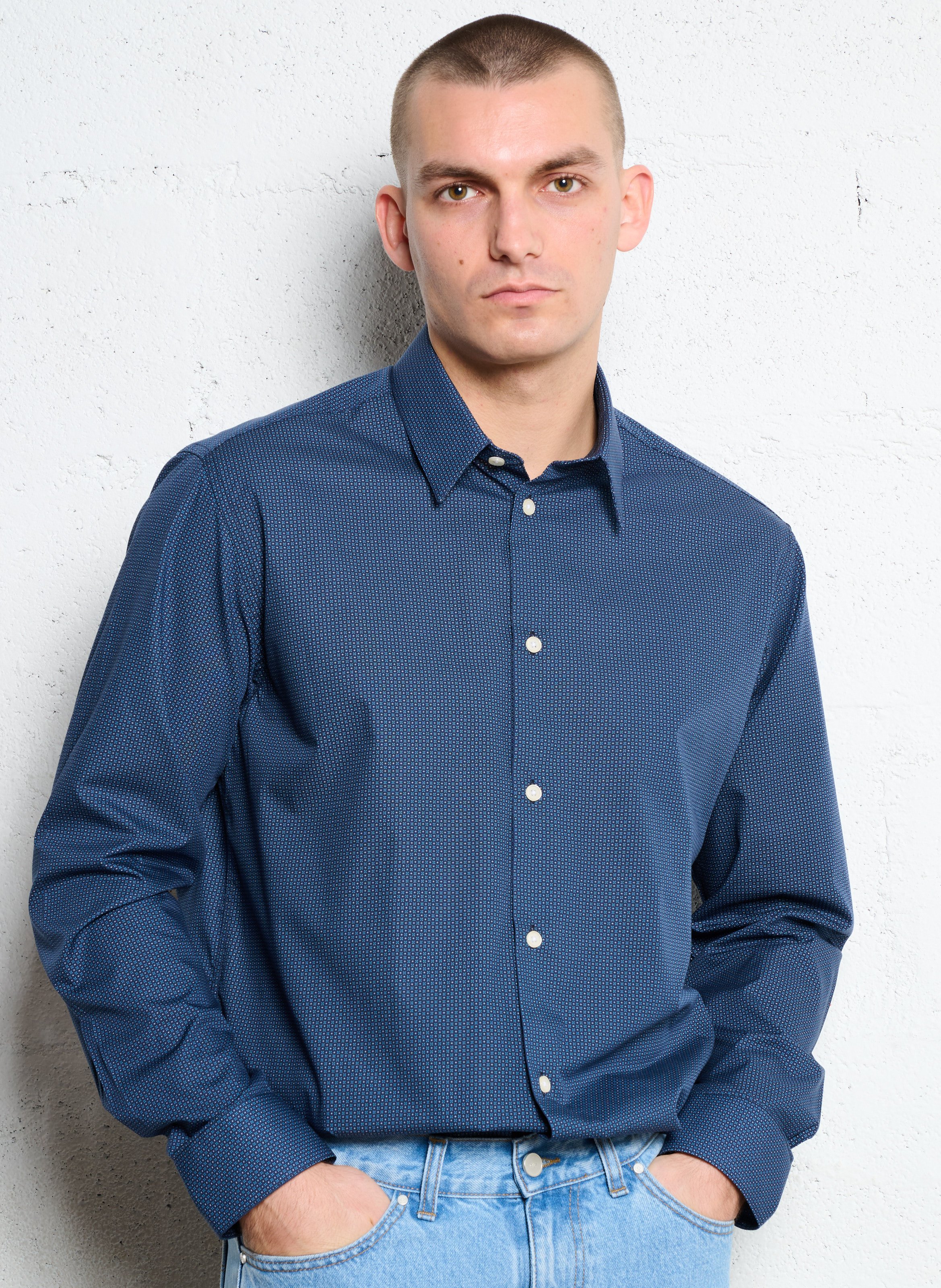 Chemise droite col classique en coton imprimé AU PRINTEMPS PARIS Bleu