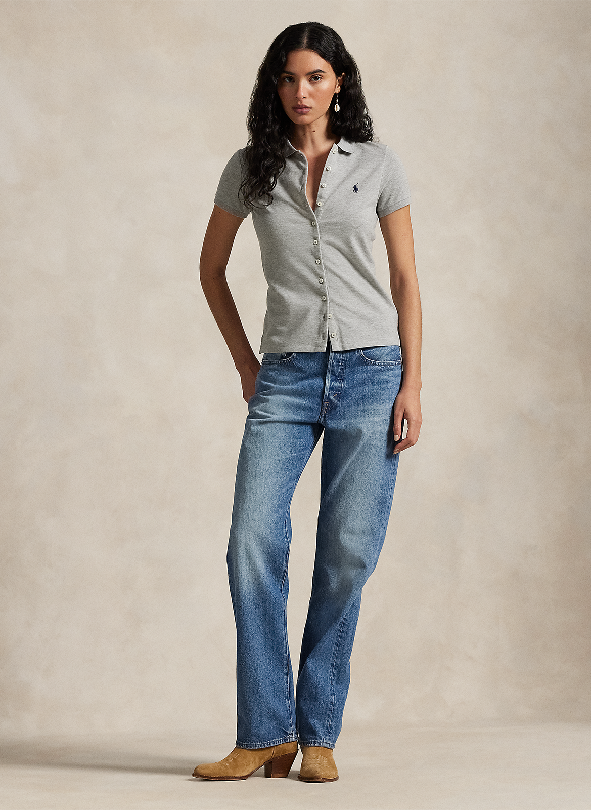 Polo manches courtes boutonné uni Gris