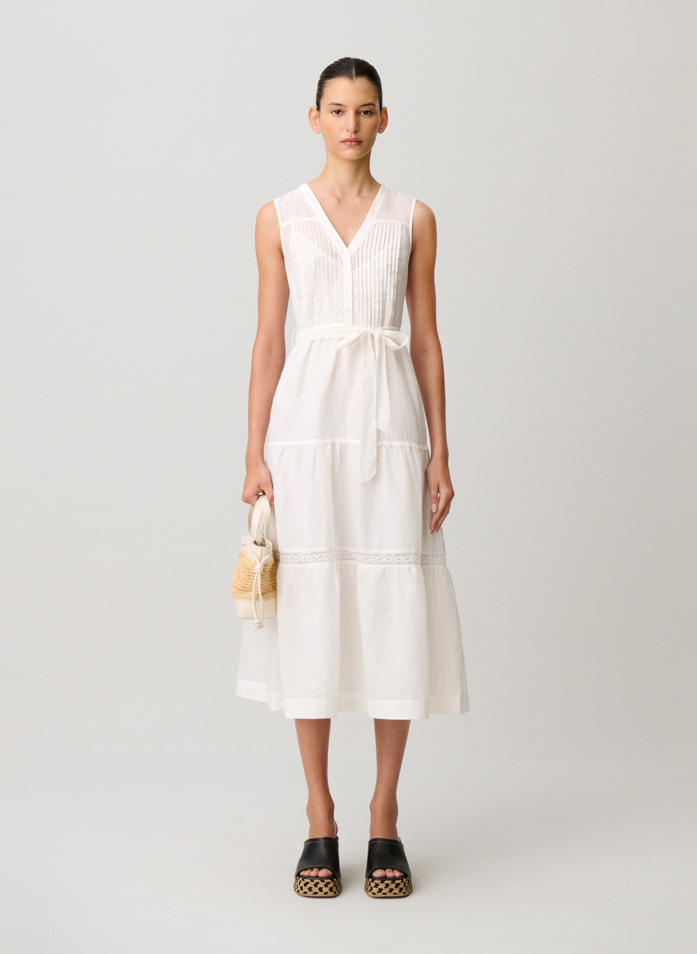 Langes Baumwollkleid mit V-Ausschnitt CLAUDIE PIERLOT Beige