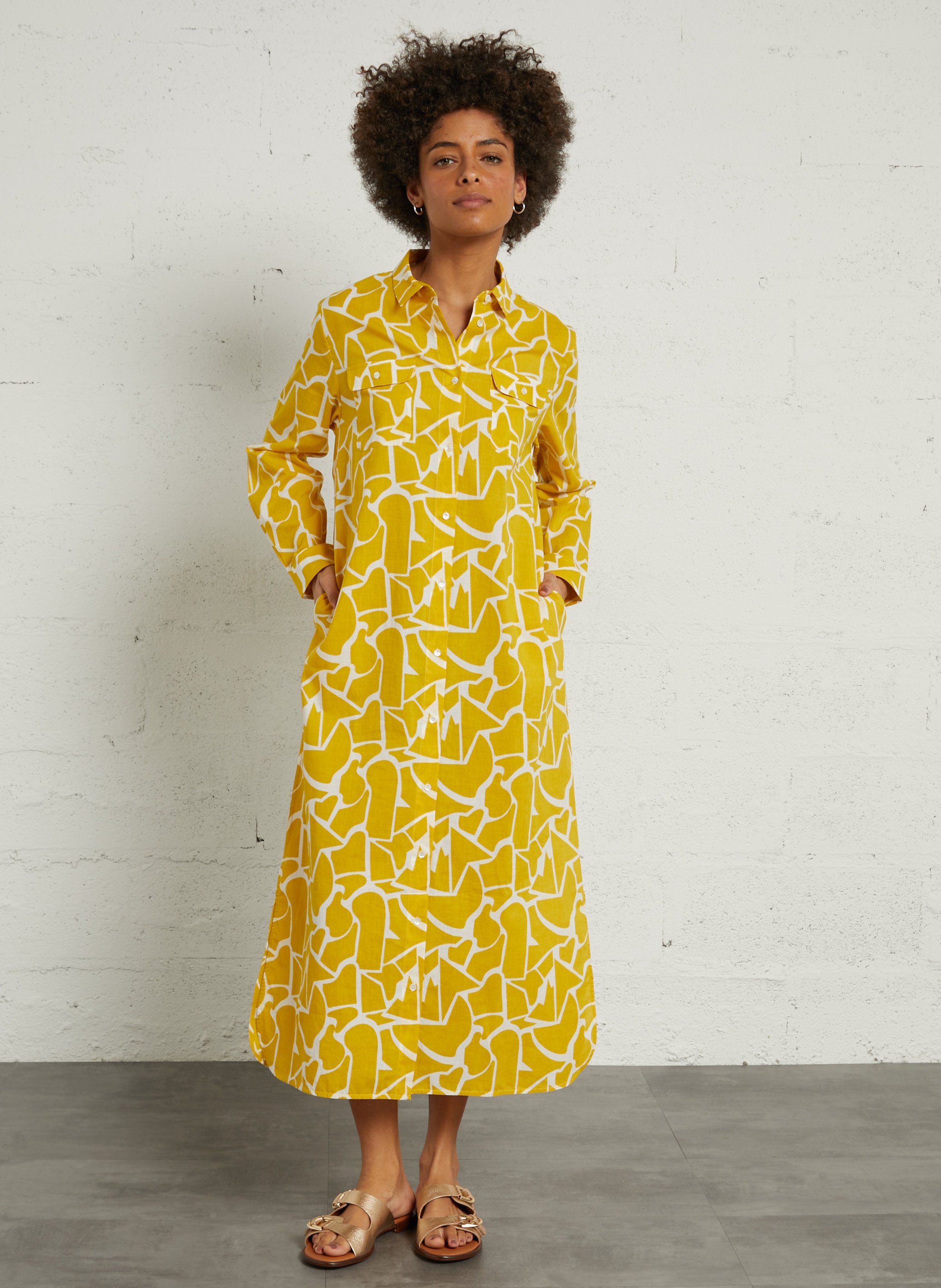 Robe chemise col classique imprimée en coton BELLA JONES Jaune