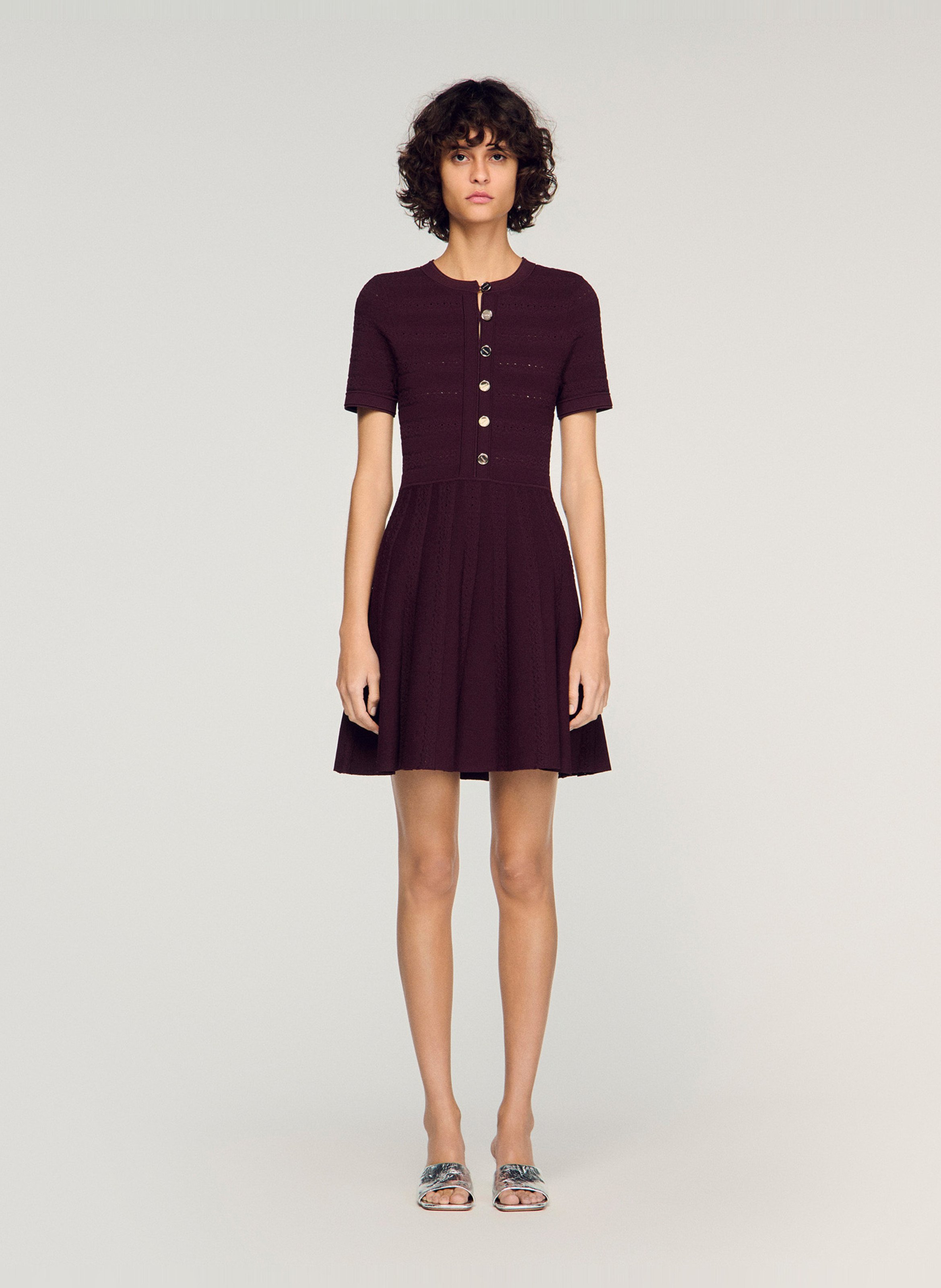Robe courte évasée en maille SANDRO Marron