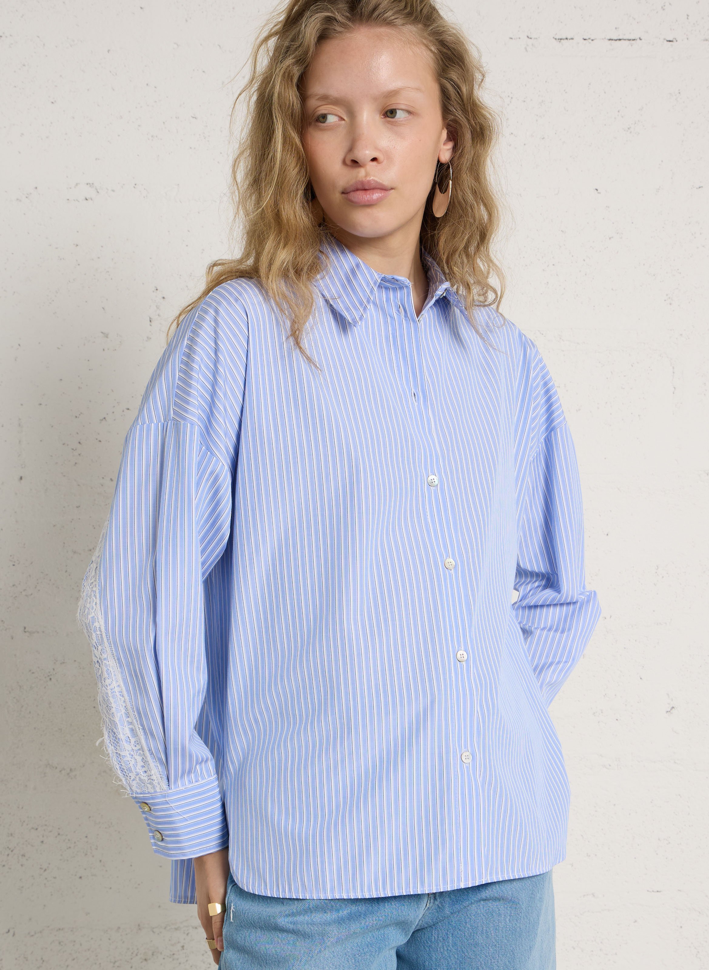 Wijd gestreept shirt met kanten achterkant PLEASE Blauw