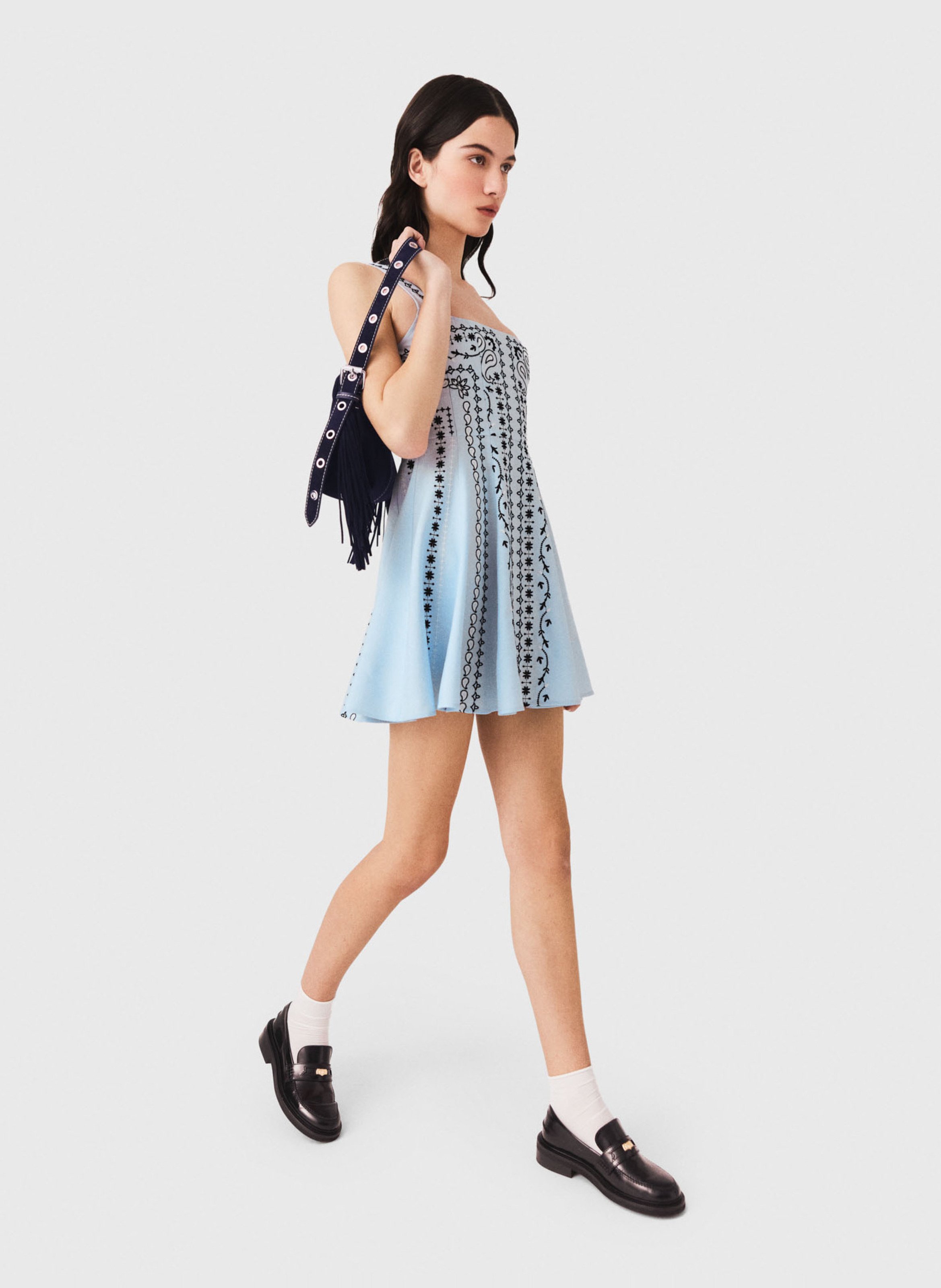 Robe courte évasée en lin mélangé MAJE Bleu