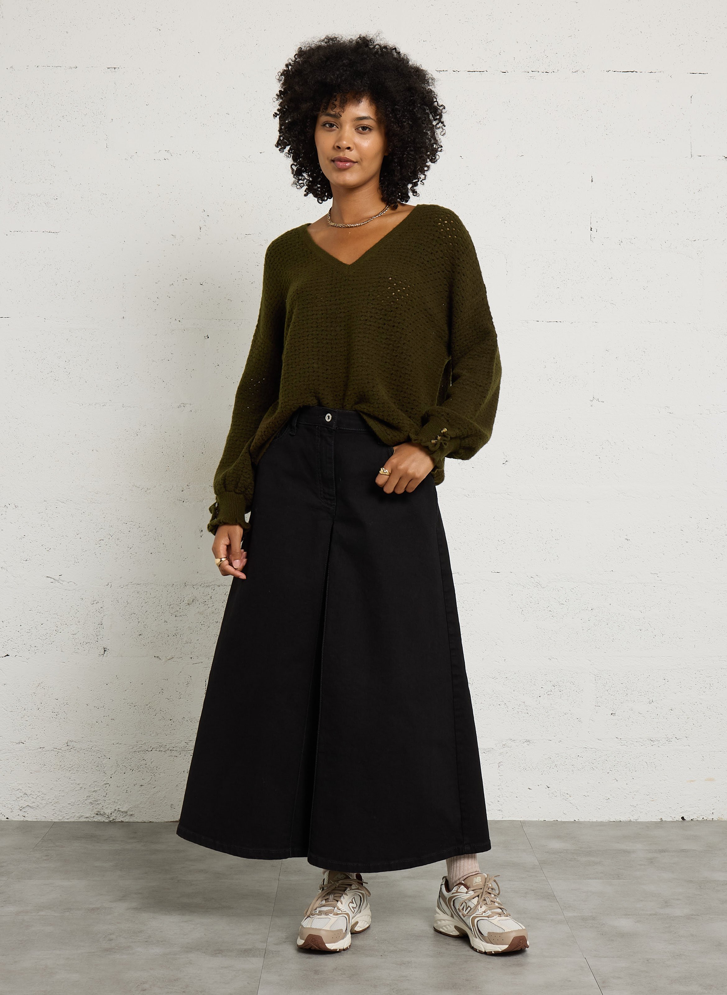 Pull oversize ajouré col V LA PETITE ETOILE Kaki