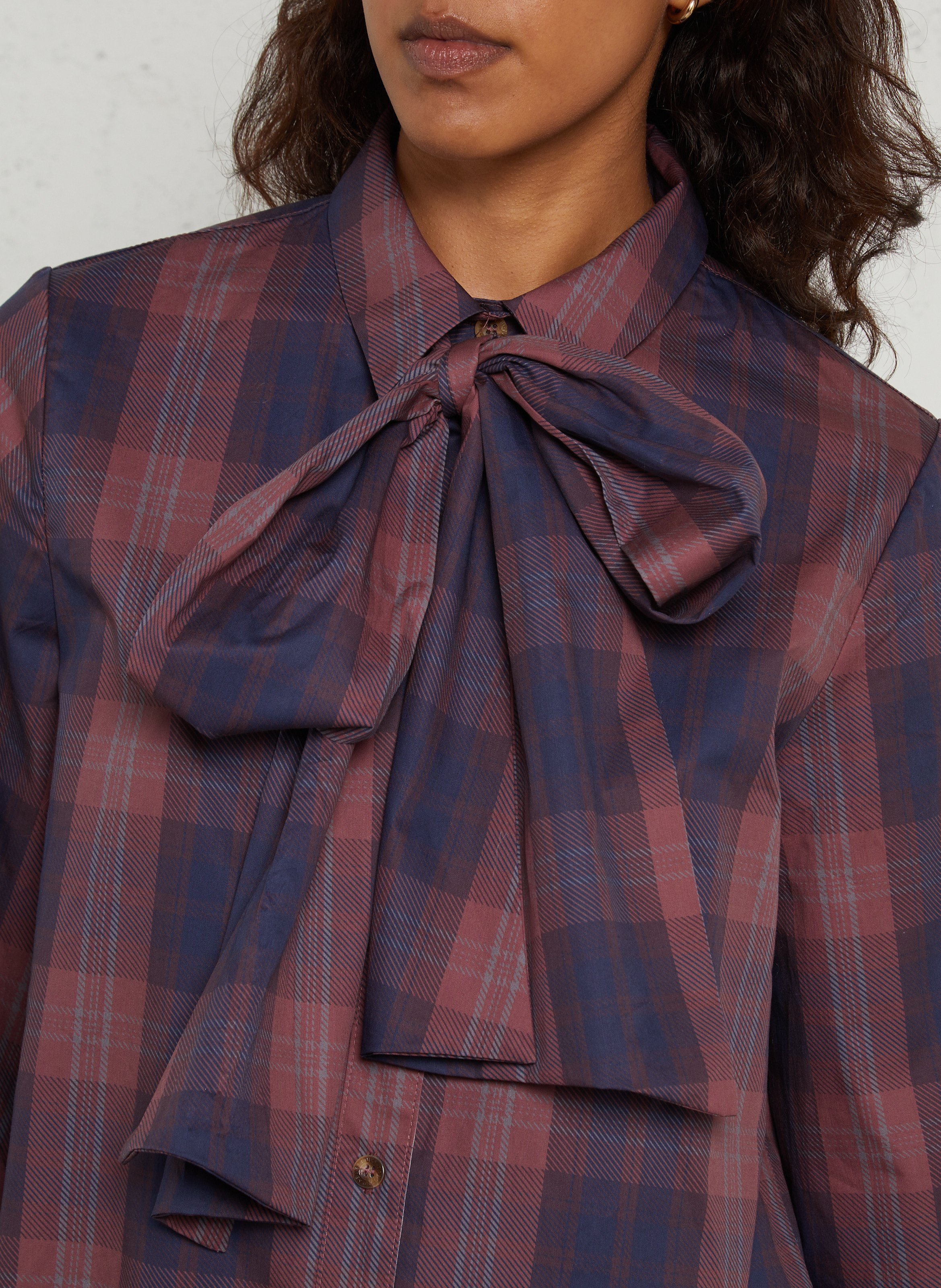 Loose-Fitting Checked Lavallière-Collar Shirt NEVER FULLY DRESSED Purple