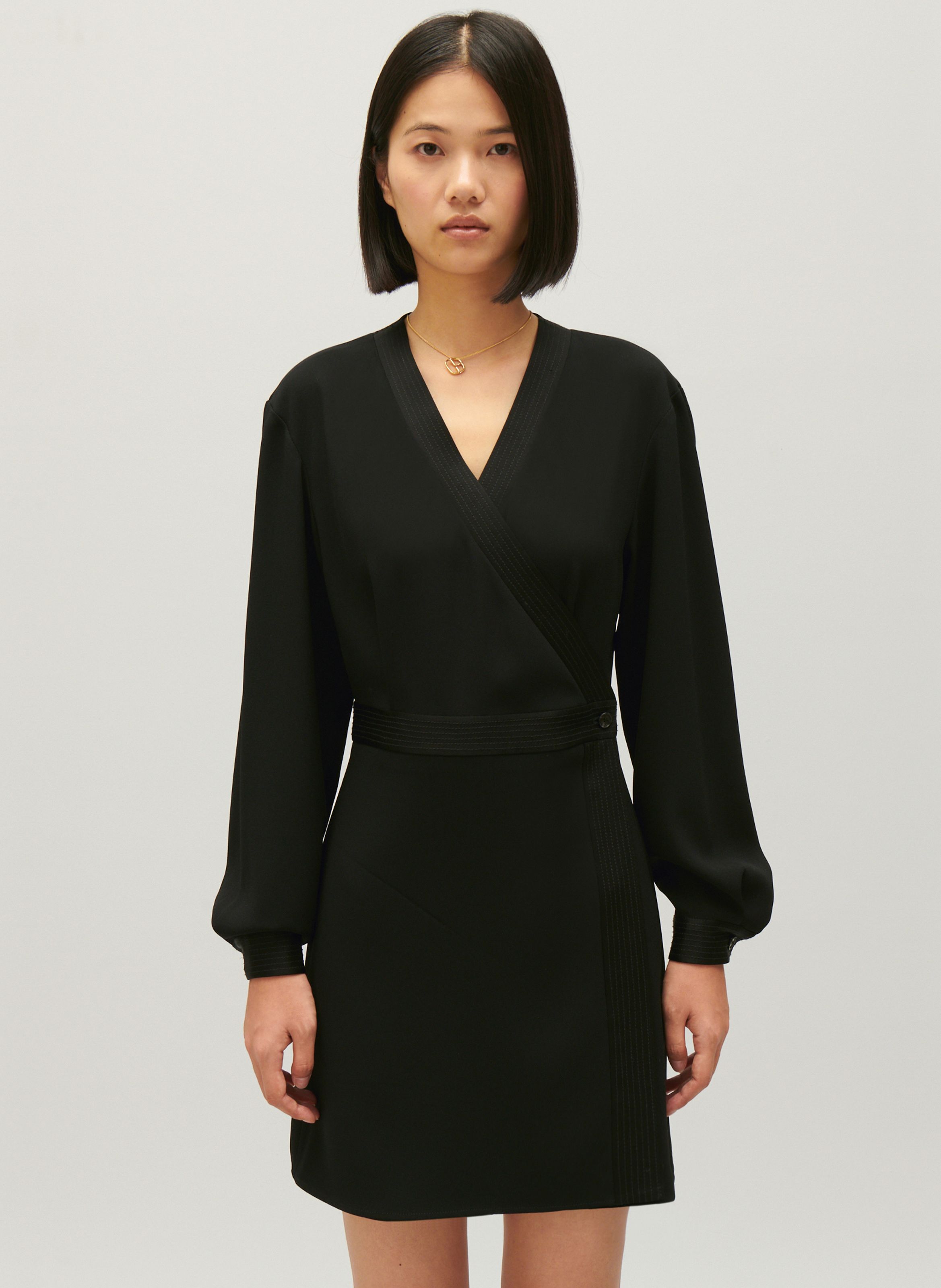 Robe portefeuille courte droite encolure V Noir