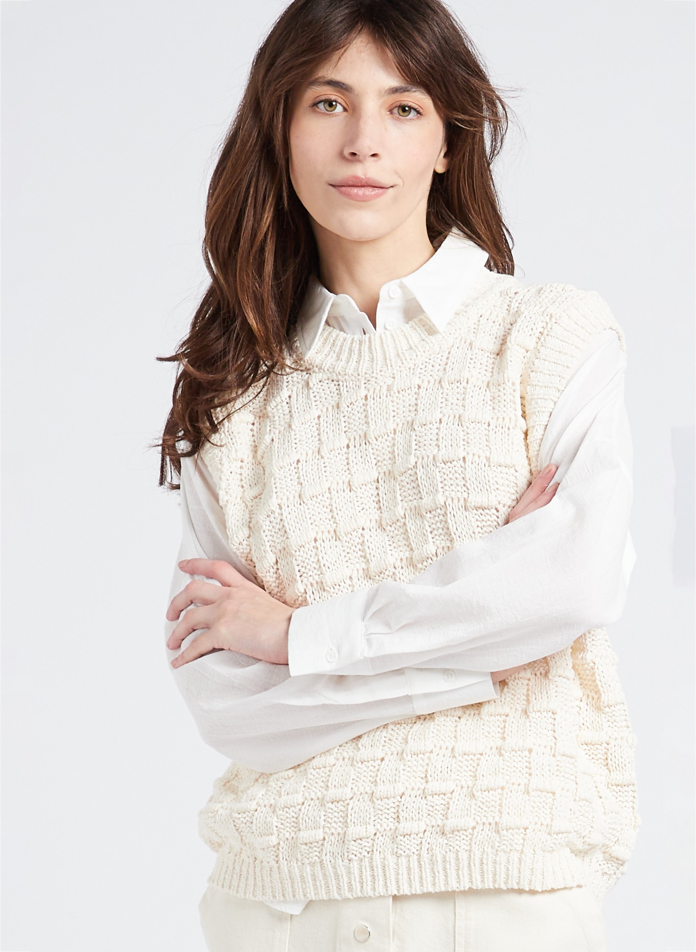 Gebreide trui met 3D-dambordmotief | katoenblend COLLECTORS CLUB Beige