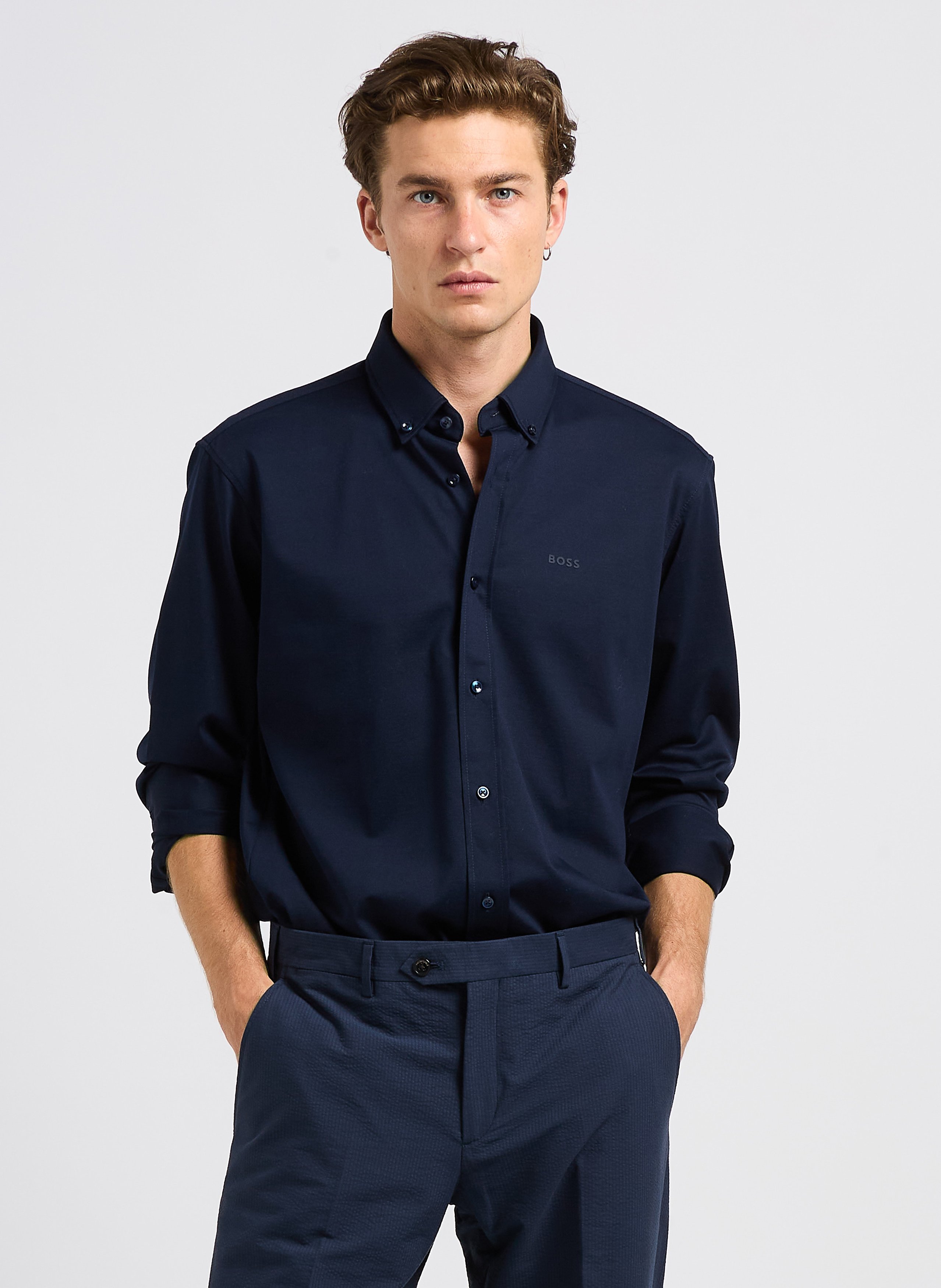 Cotton-blend regular-fit shirt with classic collar BOSS Blue