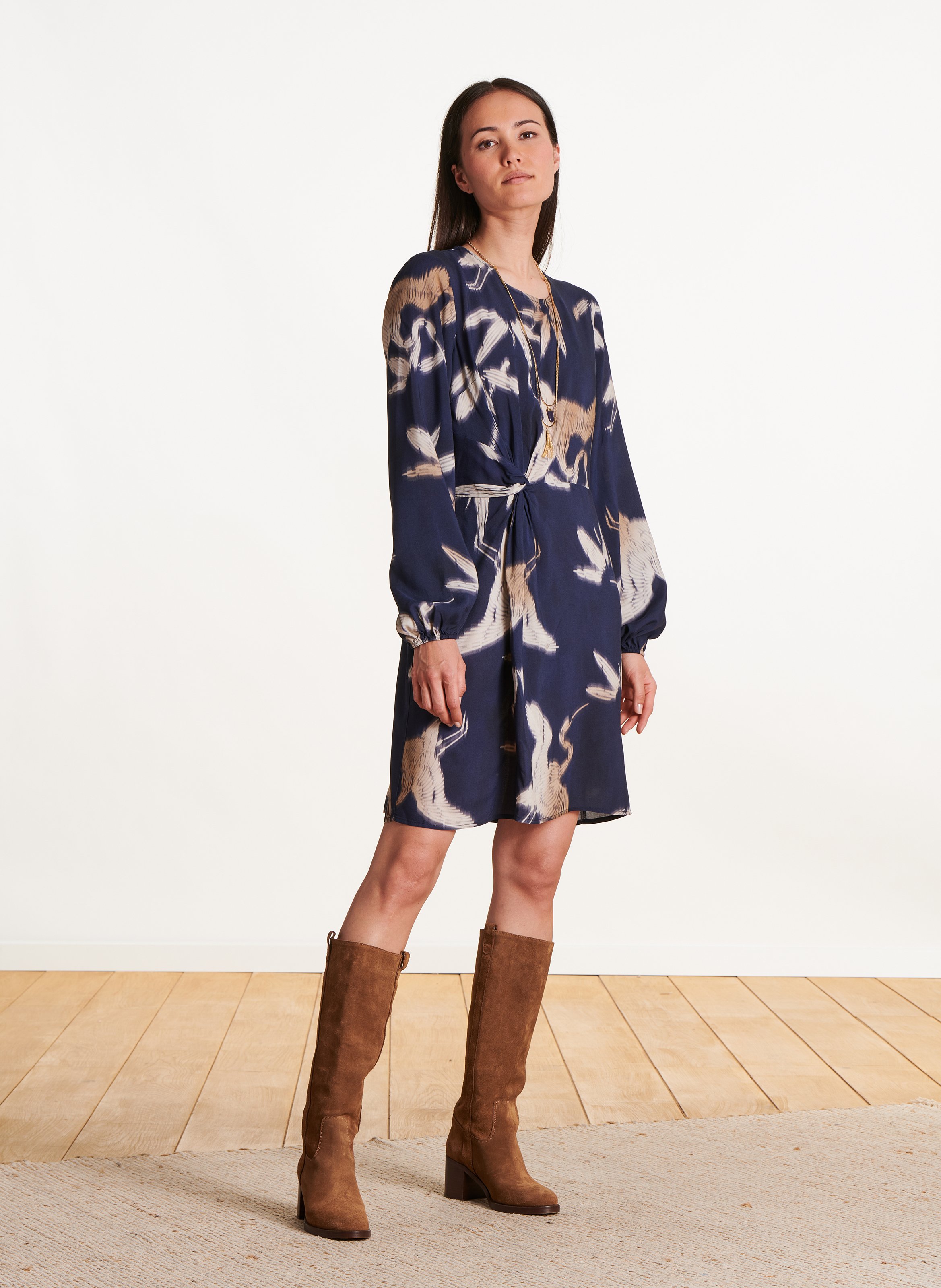 Round neck draped patterned dress LA FEE MARABOUTEE Blue