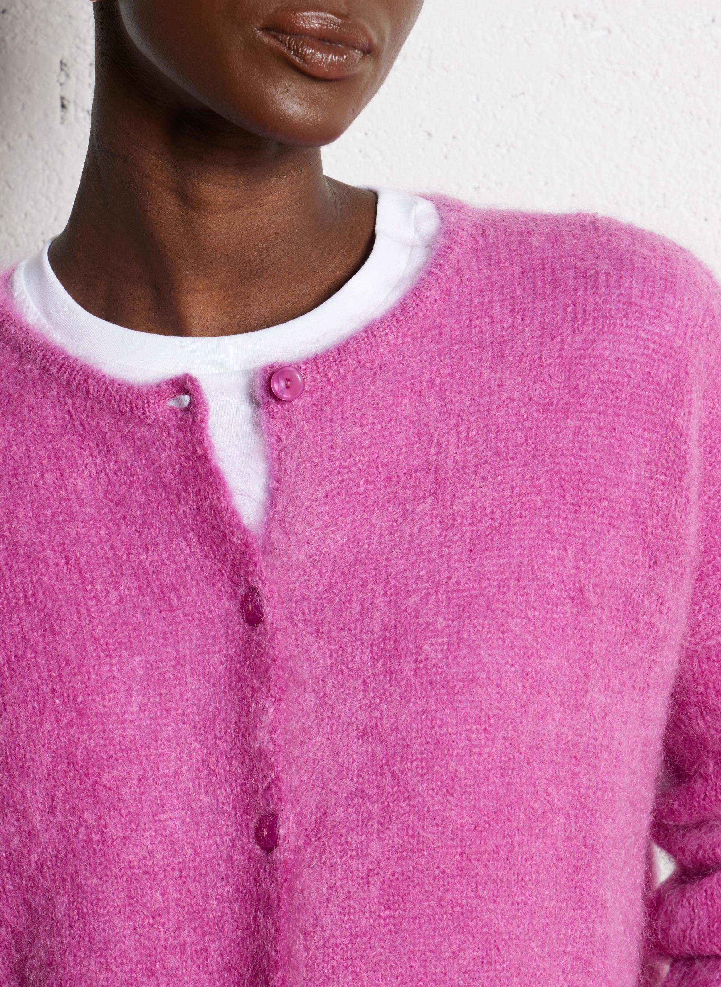 Round-neck mixed-knit cardigan DES PETITS HAUTS Pink