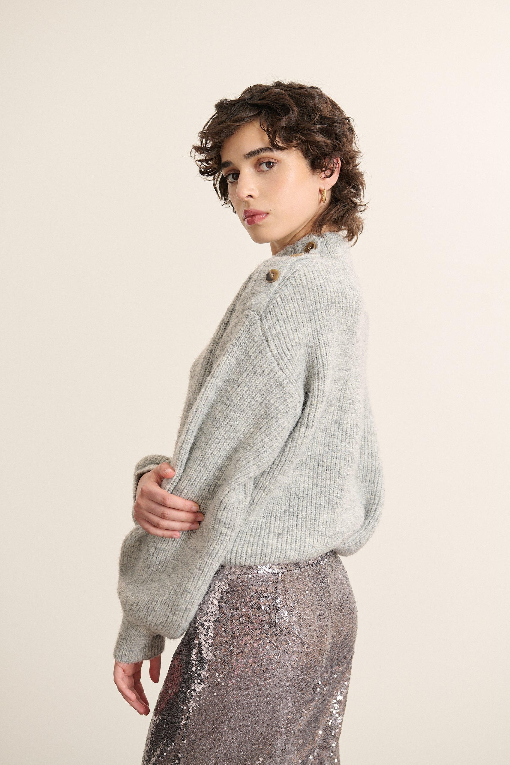 High neck buttoned wool blend sweater GARANCE PARIS Grey