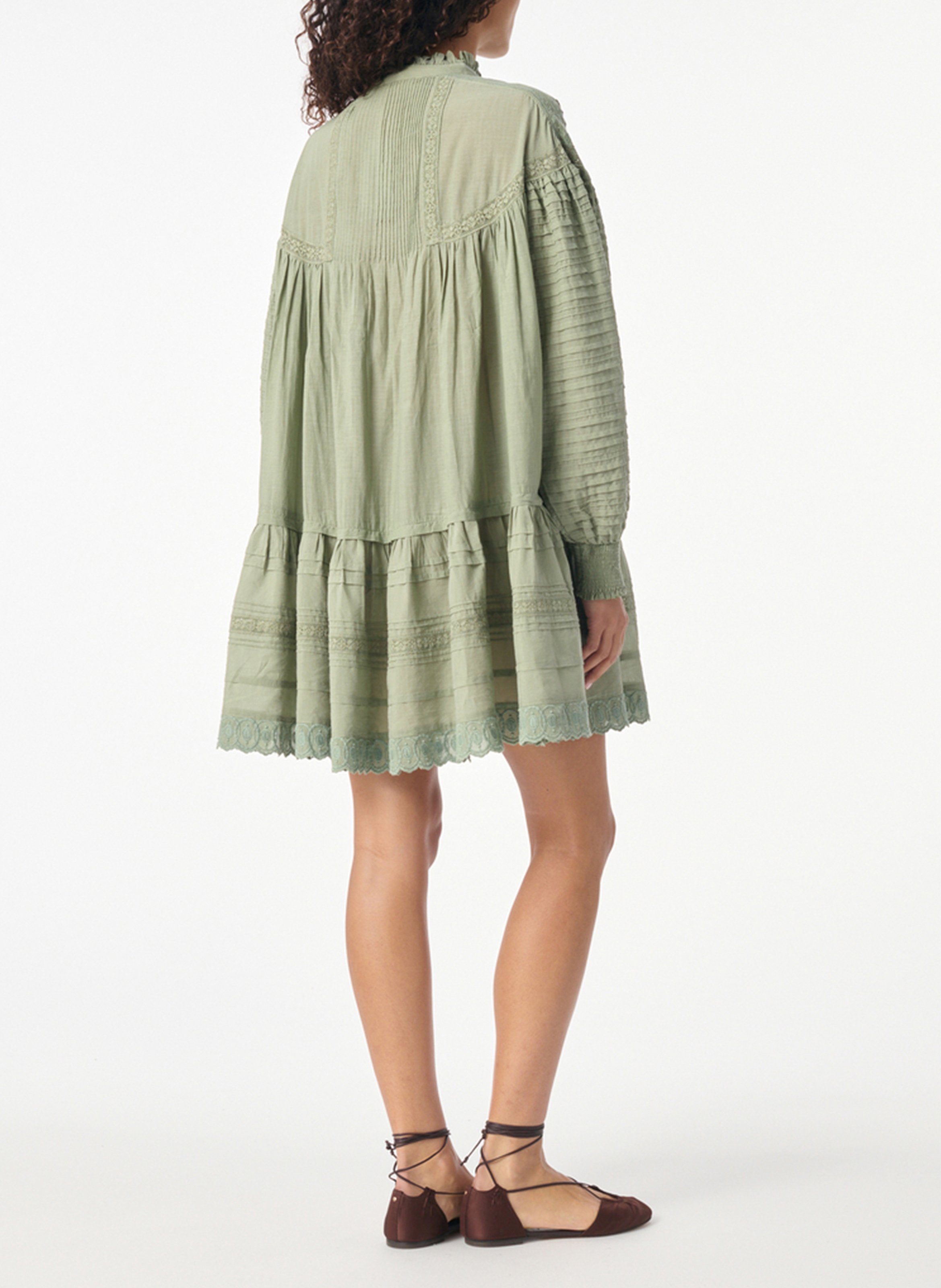 Robe courte trapèze brodée en coton mélangé Vert