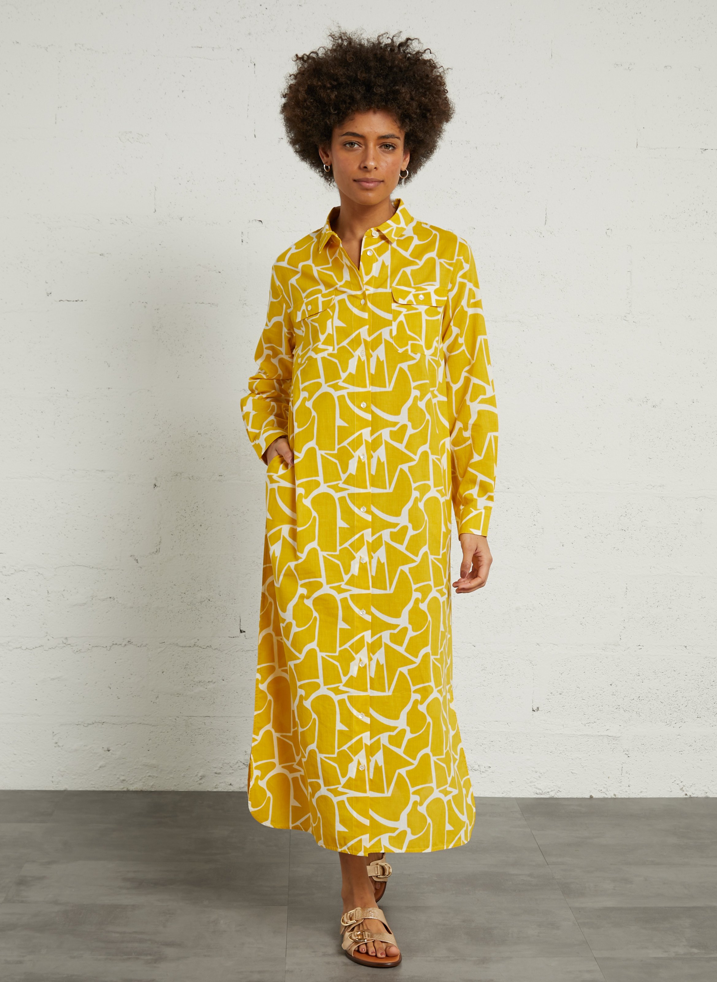 Robe chemise col classique imprimée en coton BELLA JONES Jaune