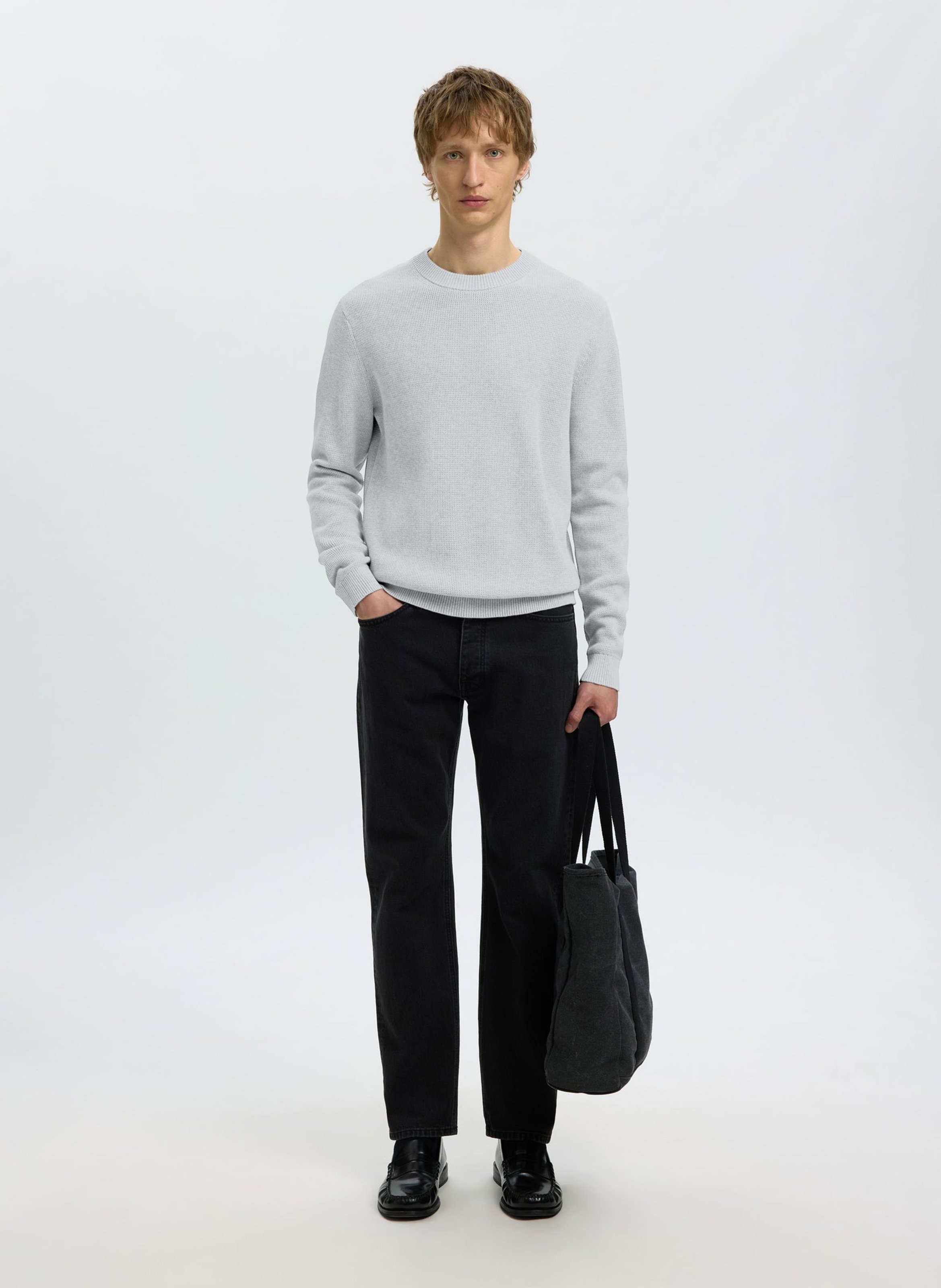 Pull col rond en coton bio  | Gris SELECTED Homme