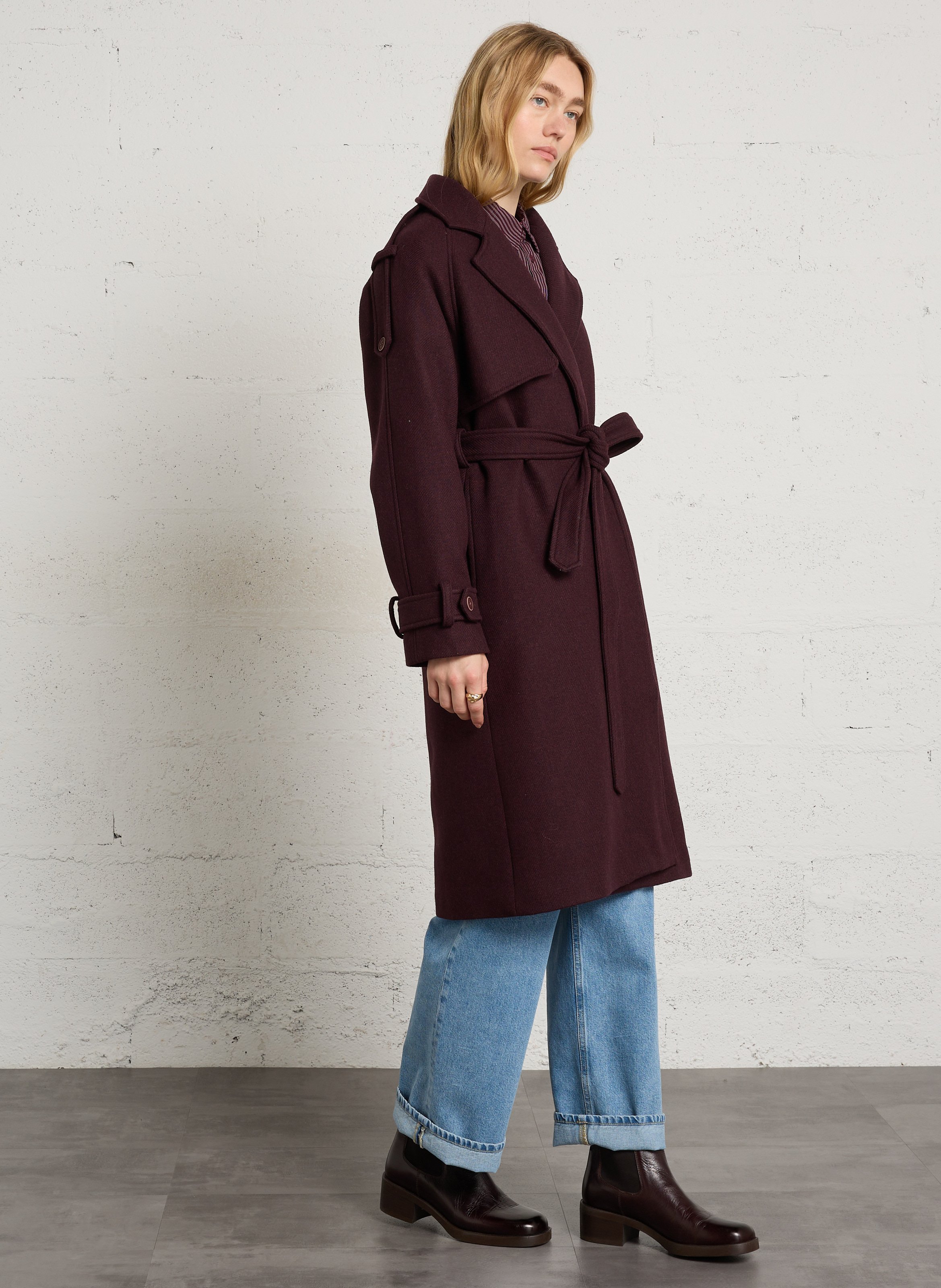 Manteau long ceinturé en laine mélangée THE NEW SOCIETY Rouge