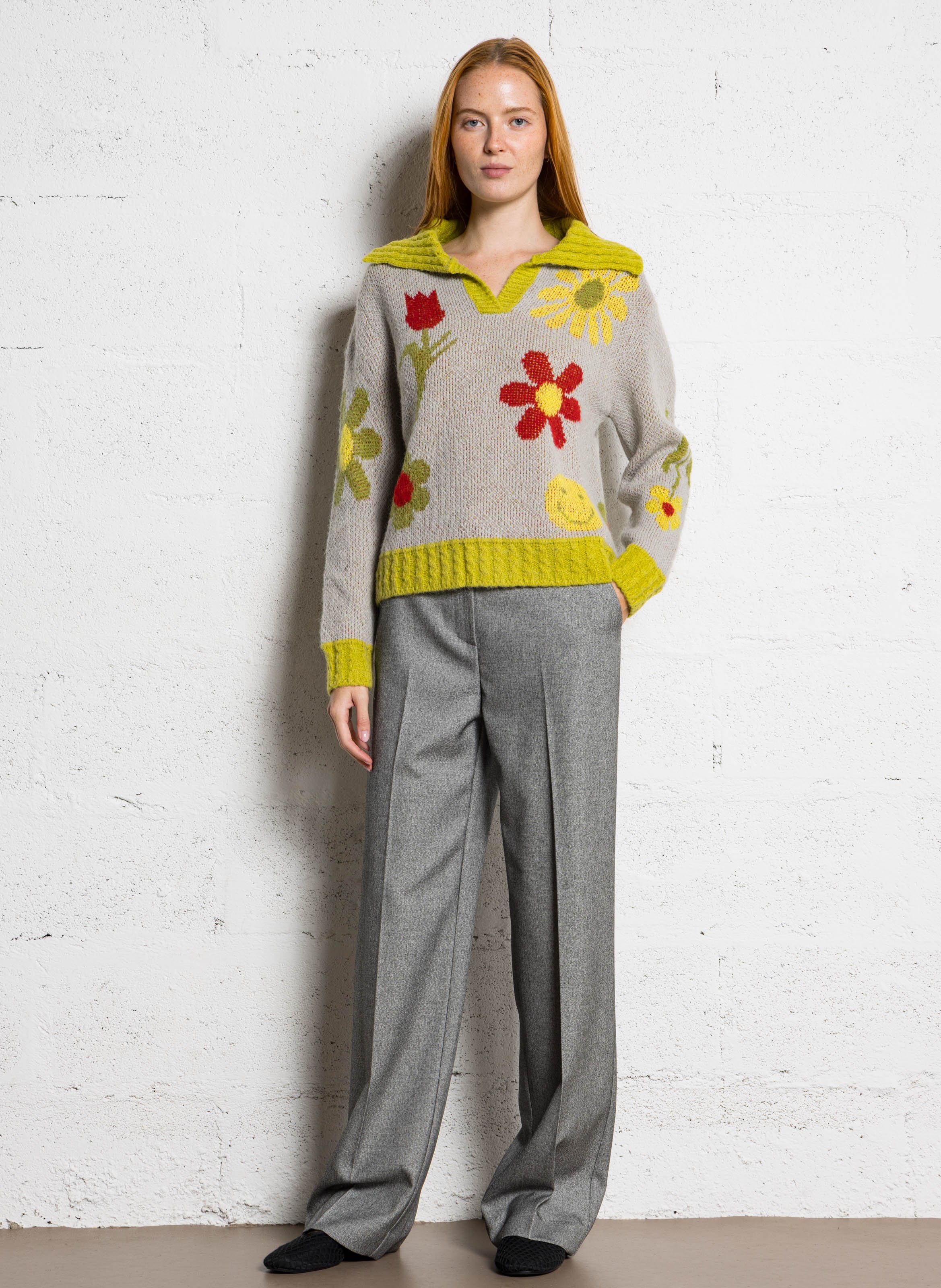 Oversize V-Ausschnitt Pullover mit Mustern DR BLOOM Silber