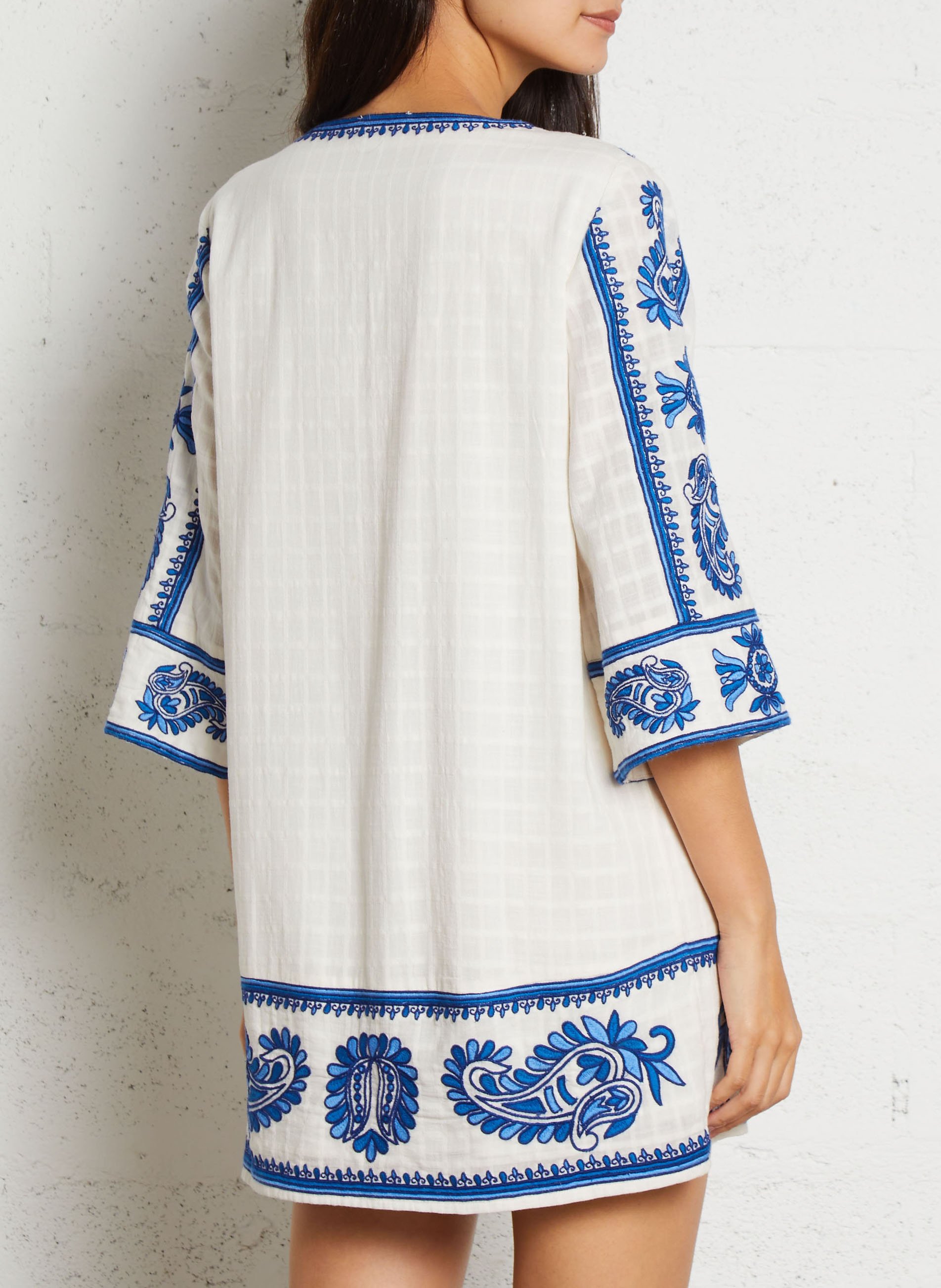 Robe courte col V en coton Bleu