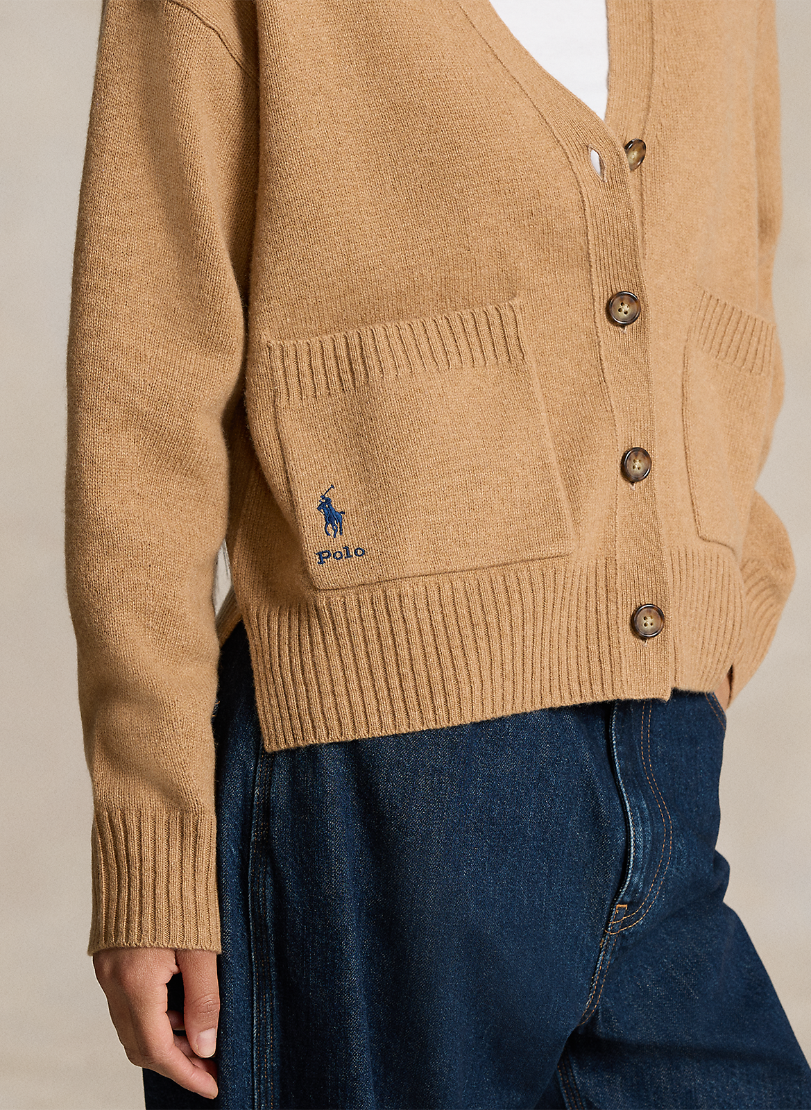 Gilet droit col V en laine et cachemire mélangé POLO RALPH LAUREN Beige