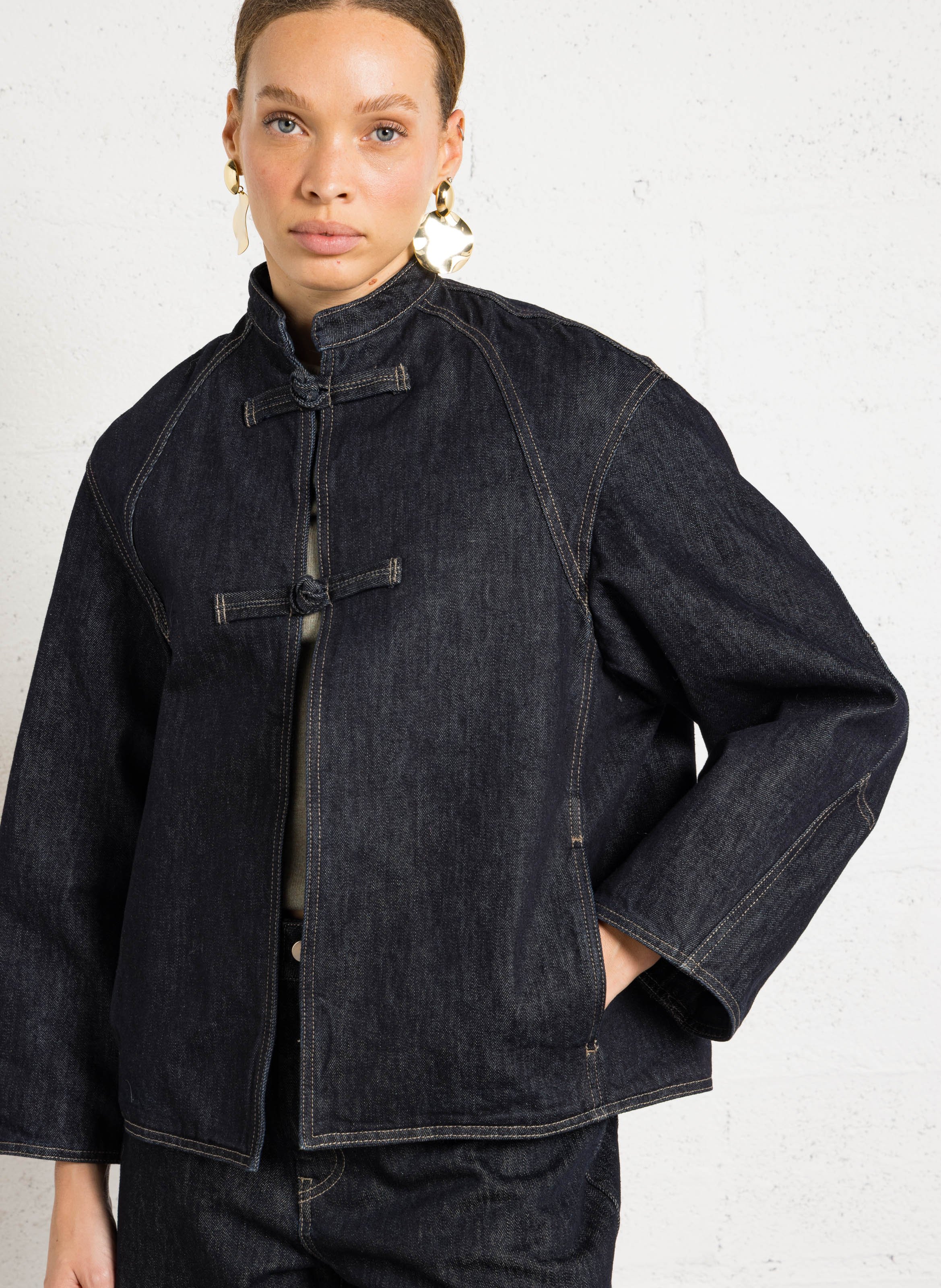 Oversized round neck raw denim jacket SOEUR Blue
