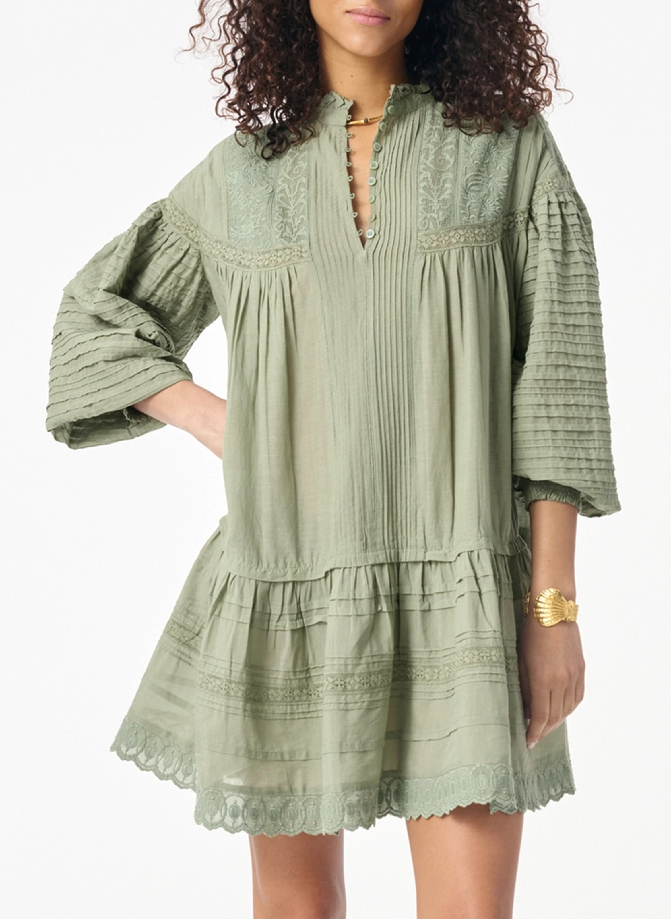 Robe courte trapèze brodée en coton mélangé Vert