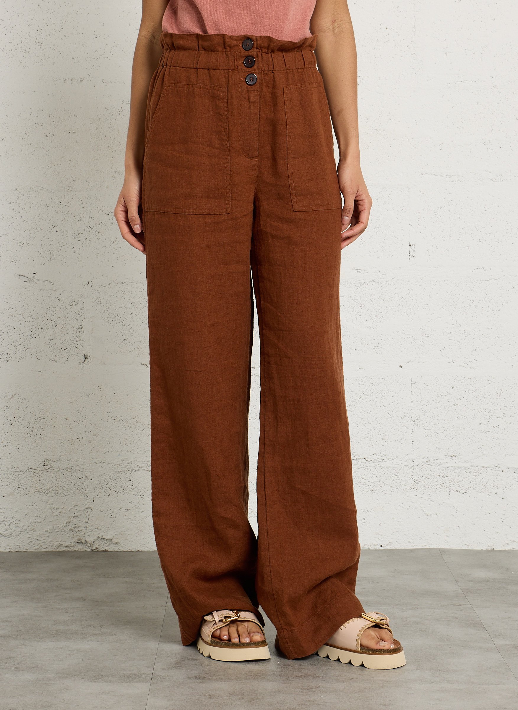 High-waisted wide-leg linen pants DES PETITS HAUTS Brown
