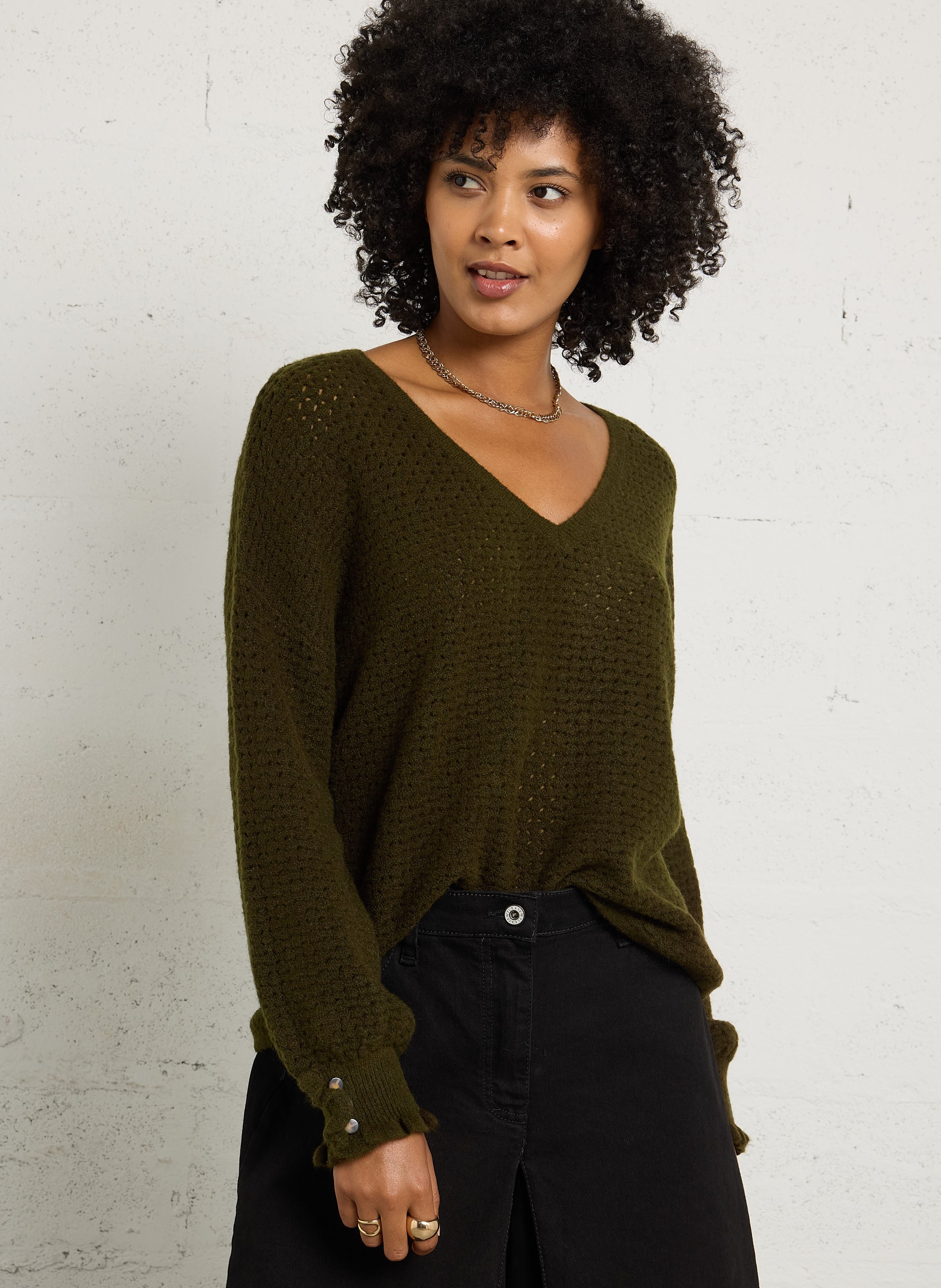 Pull oversize ajouré col V LA PETITE ETOILE Kaki