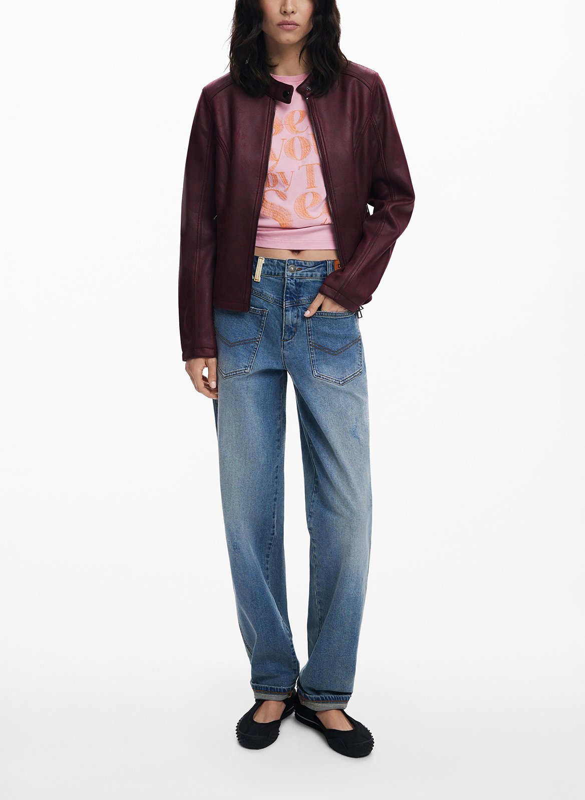Round neck faux leather jacket DESIGUAL Red