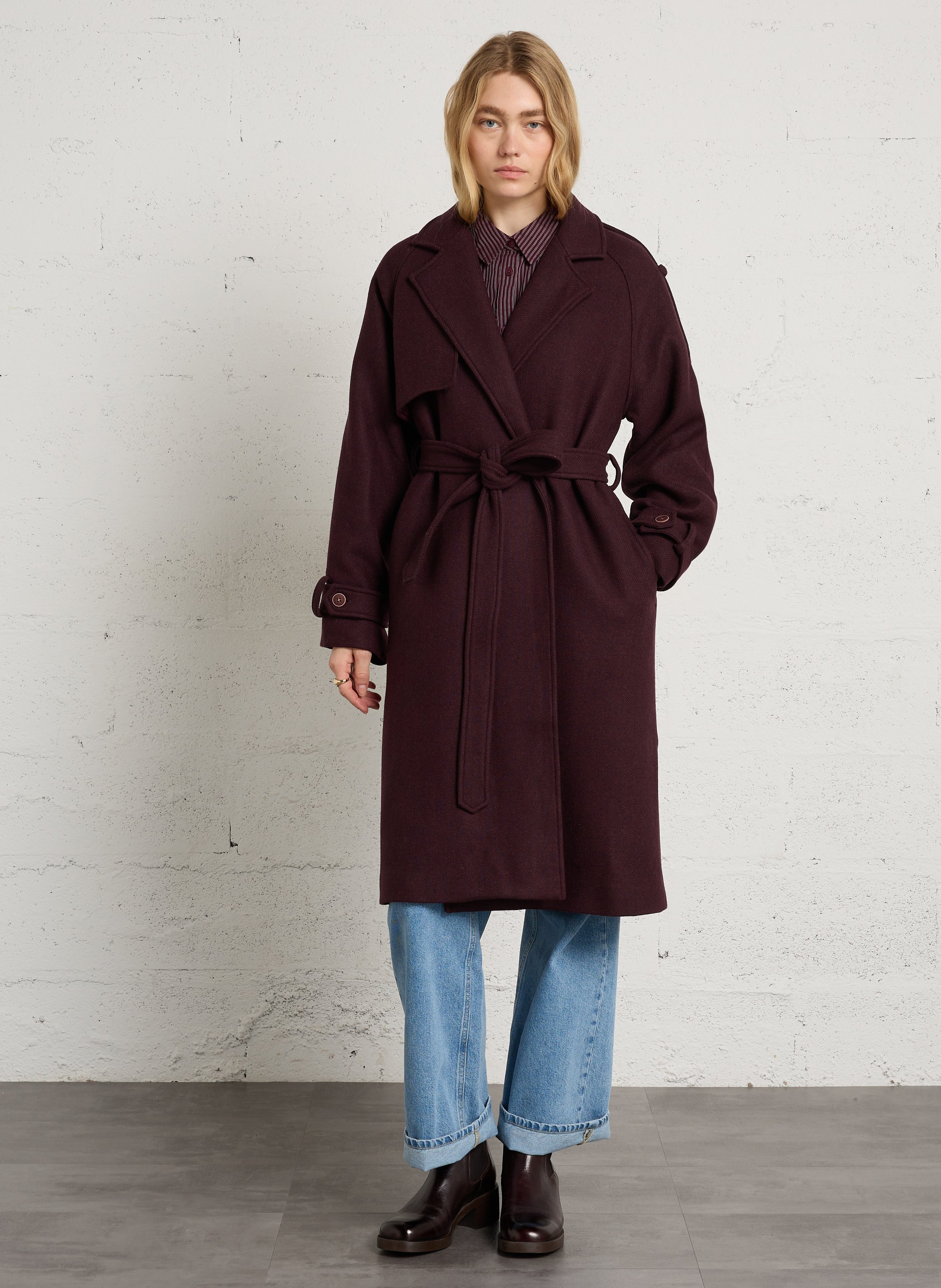 Manteau long ceinturé en laine mélangée THE NEW SOCIETY Rouge
