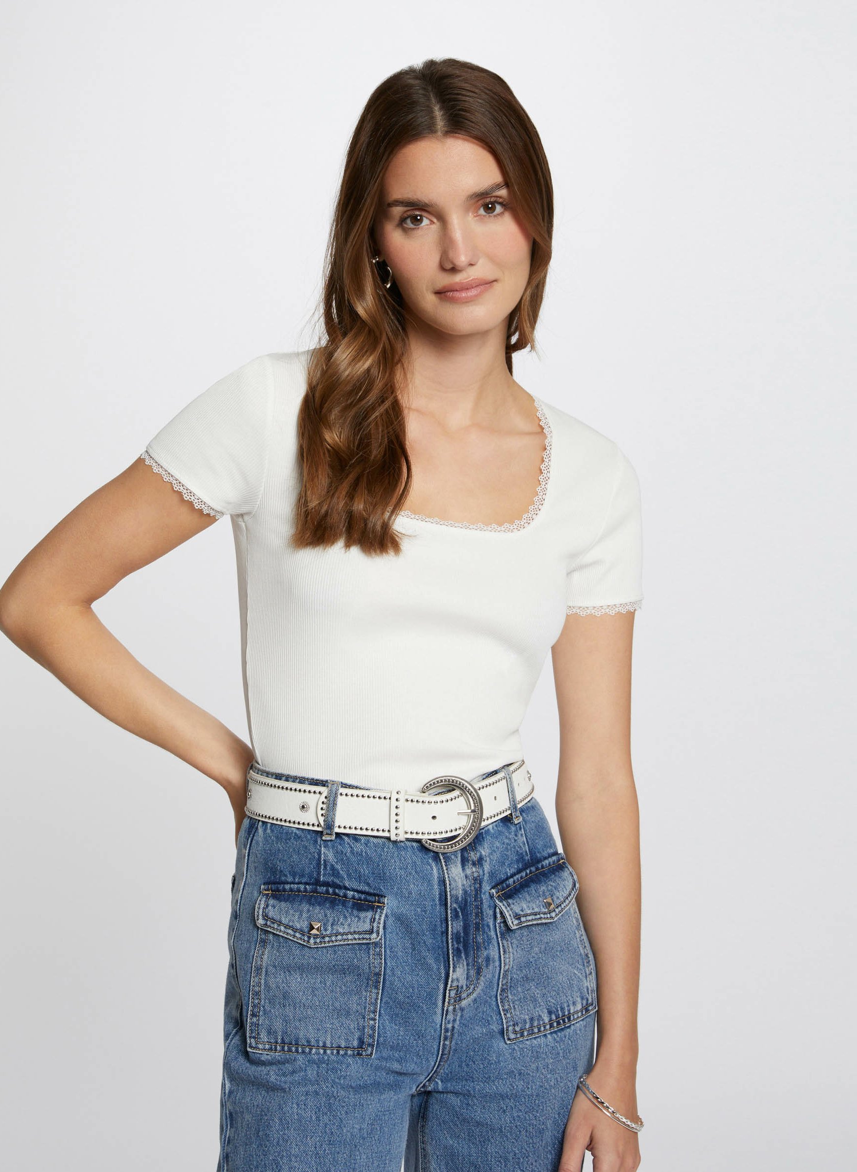 Cotton-blend lace T-shirt MORGAN Beige