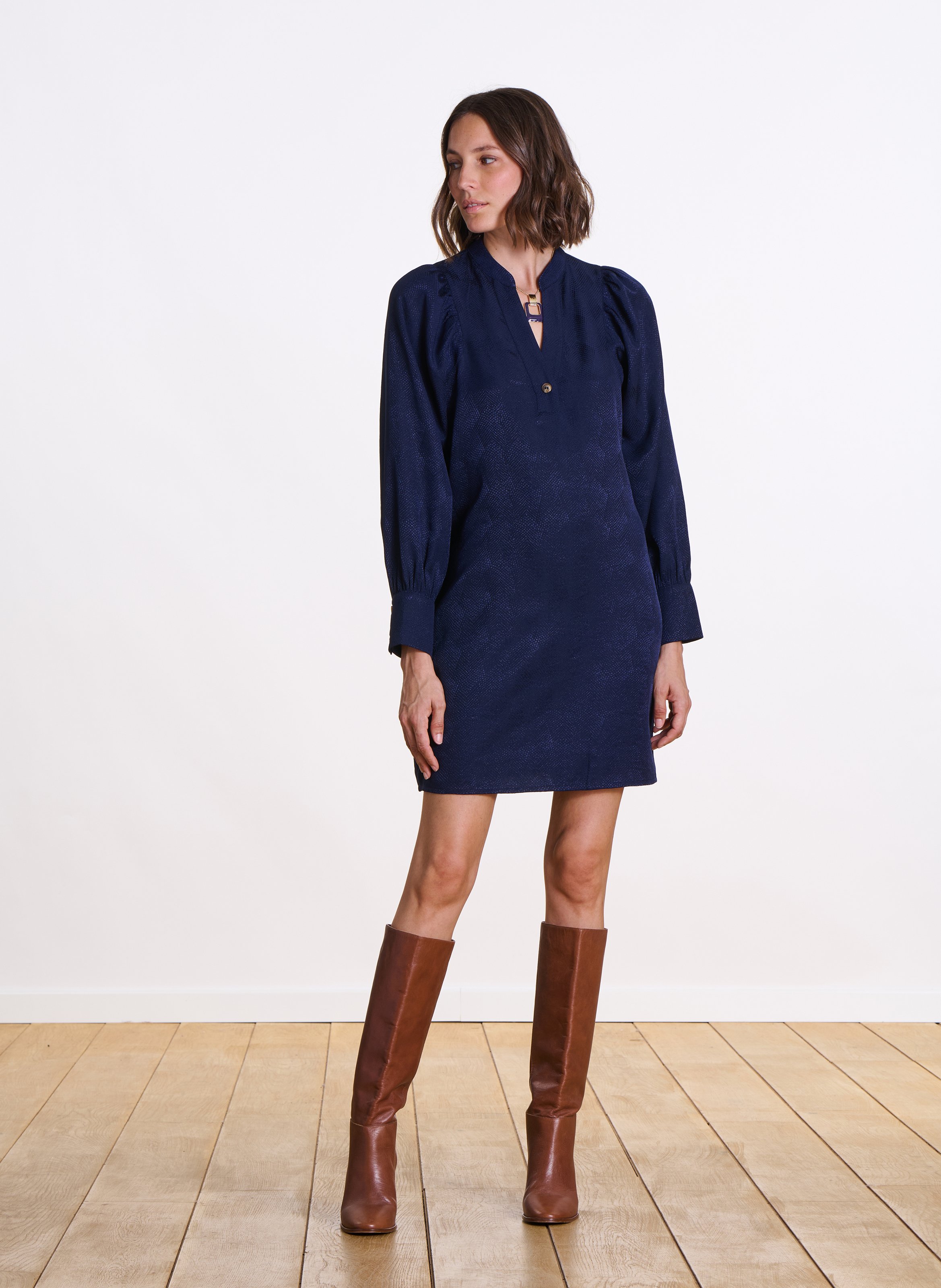 Short flared dress with Tunisian collar LA FEE MARABOUTEE Blue