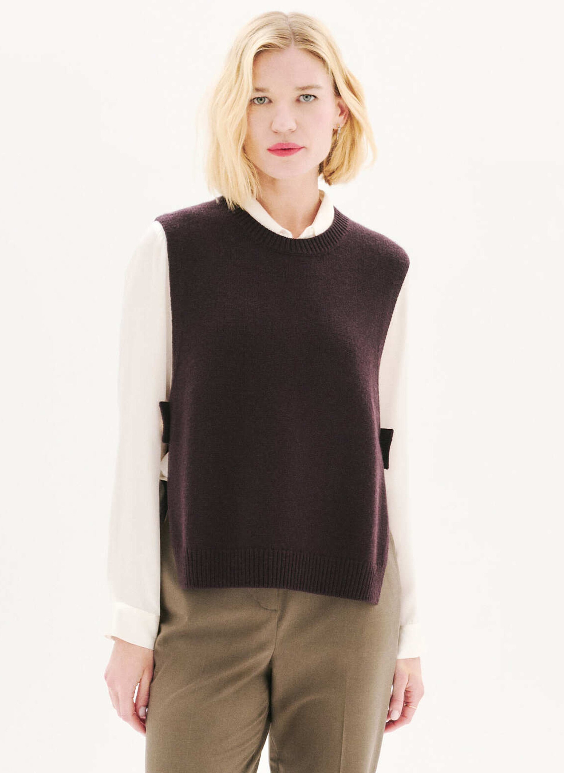 Poncho col rond en laine mélangée CAROLL Marron