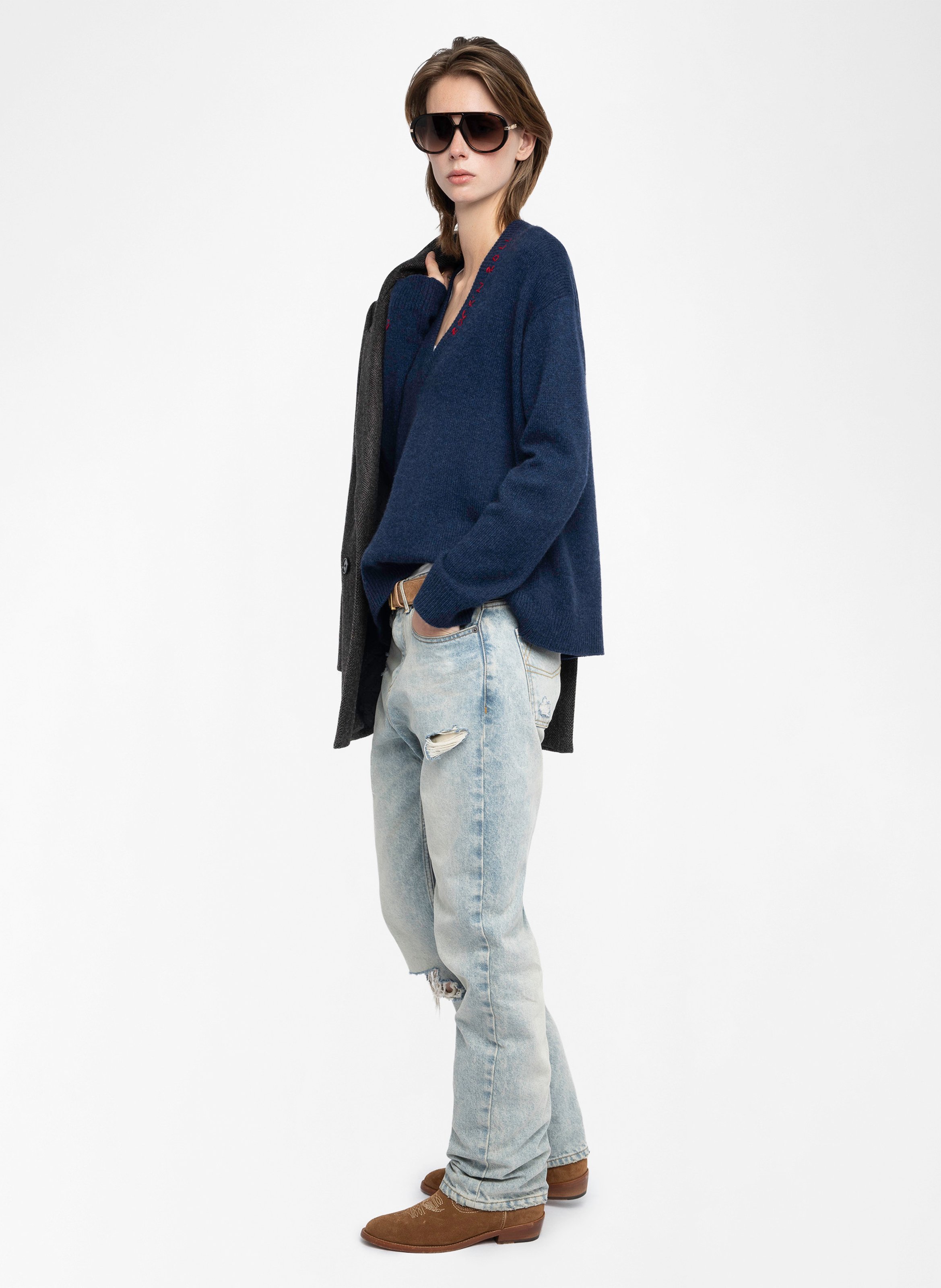 Kasjmier trui met V-hals Blauw