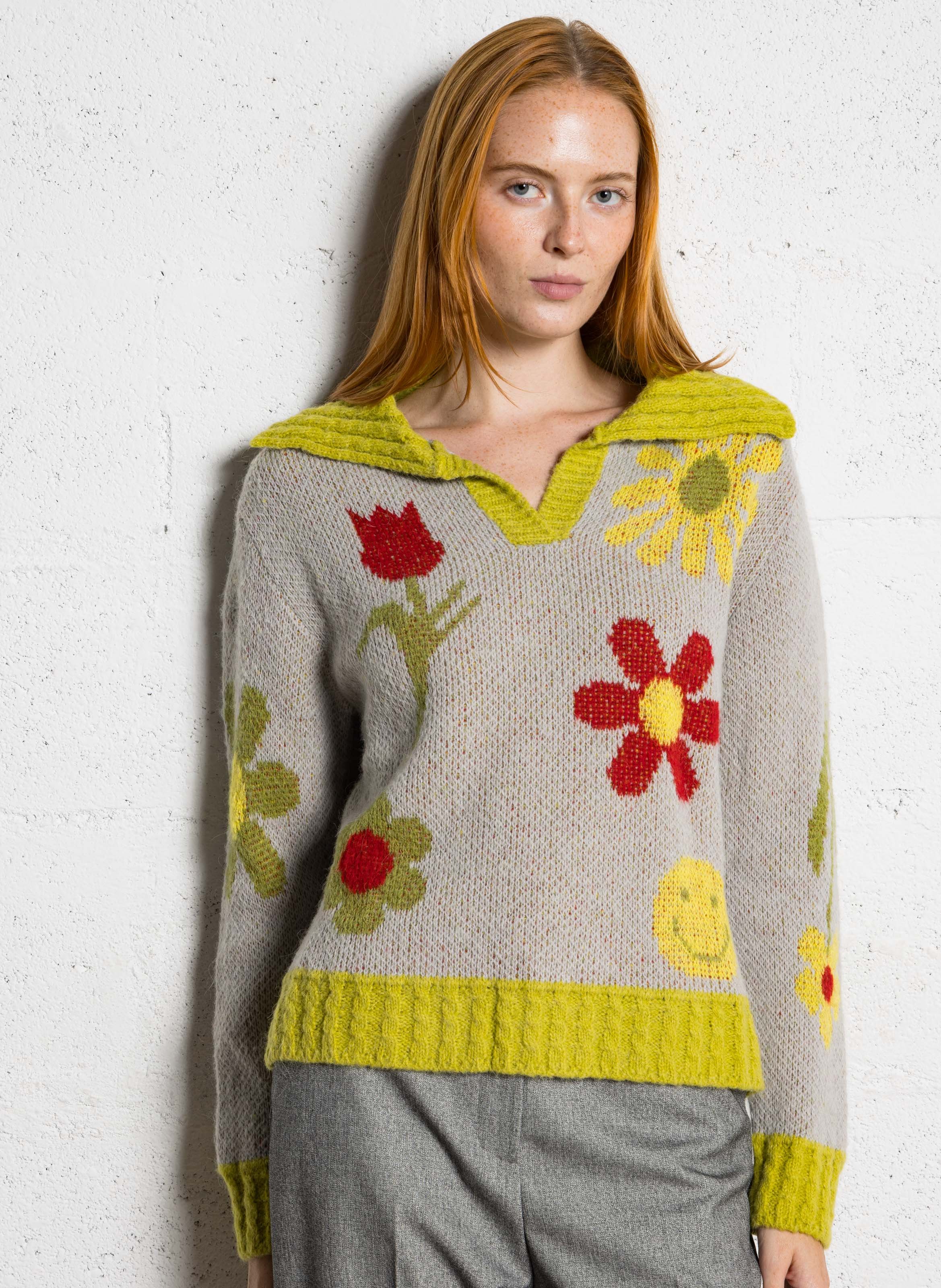 Oversize V-Ausschnitt Pullover mit Mustern DR BLOOM Silber